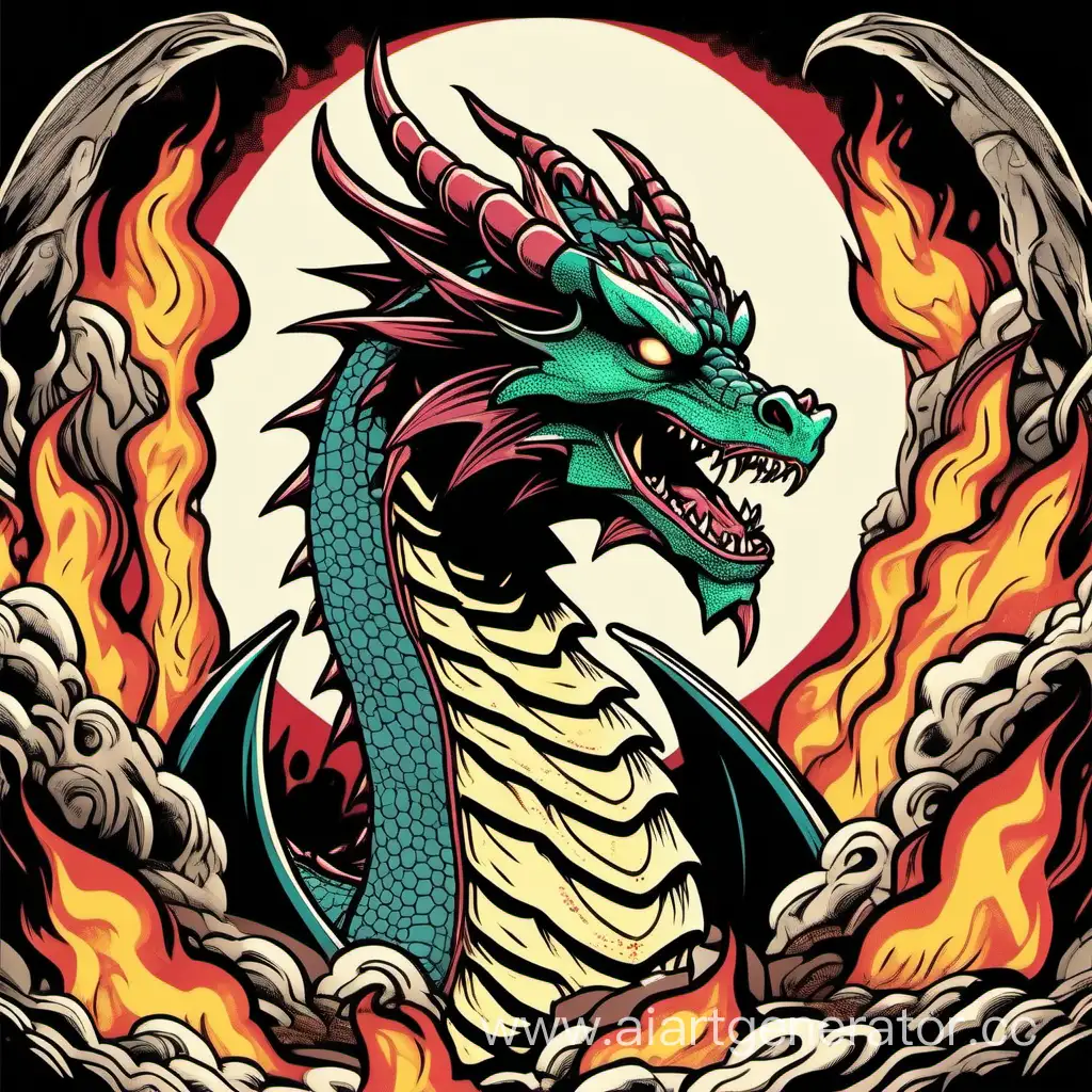 comic style, a dragon with its tongue sticking out looks straight, an animal gaze with fire in its eyes, contour style, a text frame at the bottom