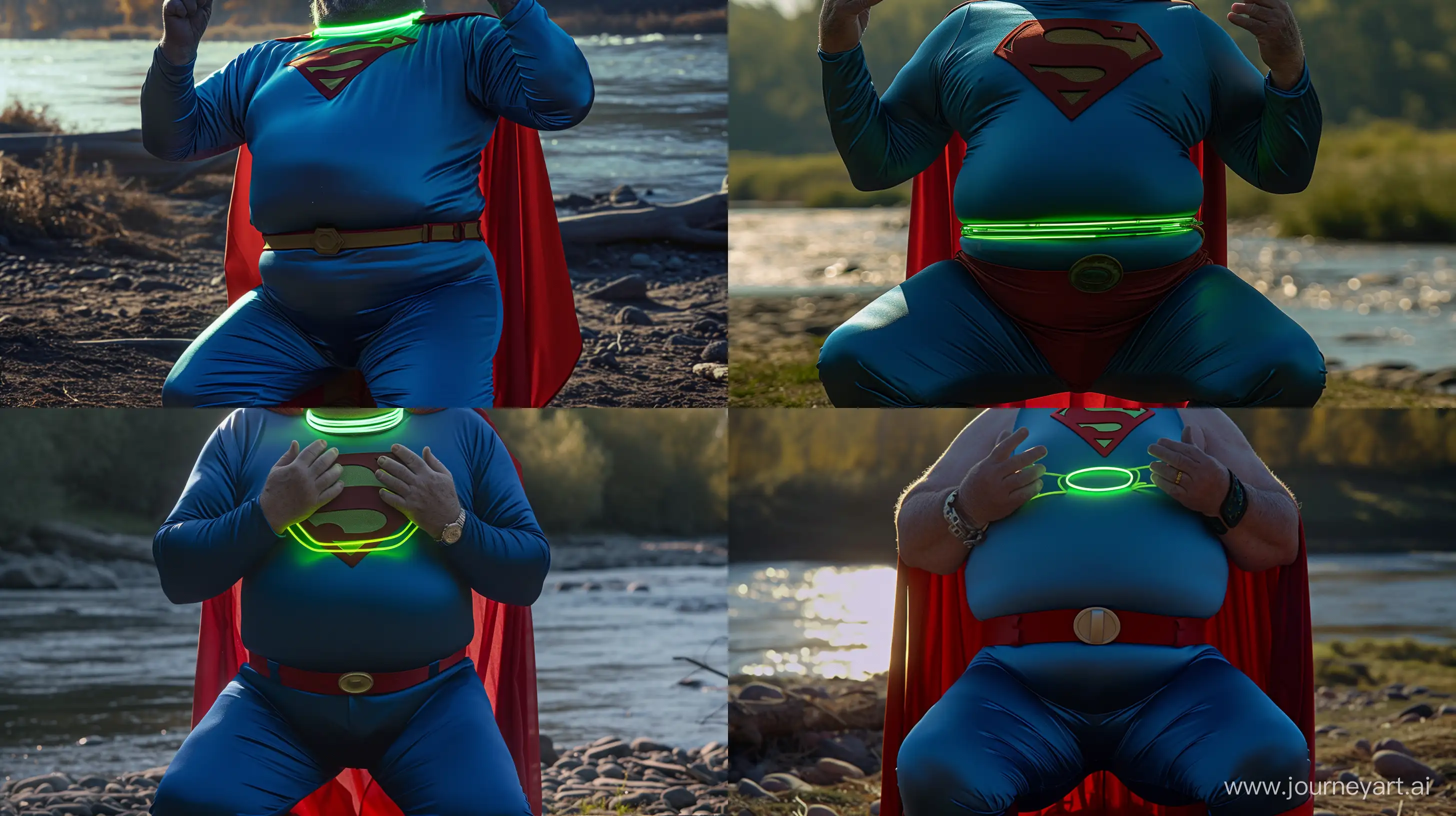 Front view close-up photo centered on the waist of a fat man aged 60 tight blue silk 1978 smooth superman costume with a red cape and a tight green glowing neon dog collar on his neck kneeling with his hands up. Natural Light. River. --style raw --ar 16:9