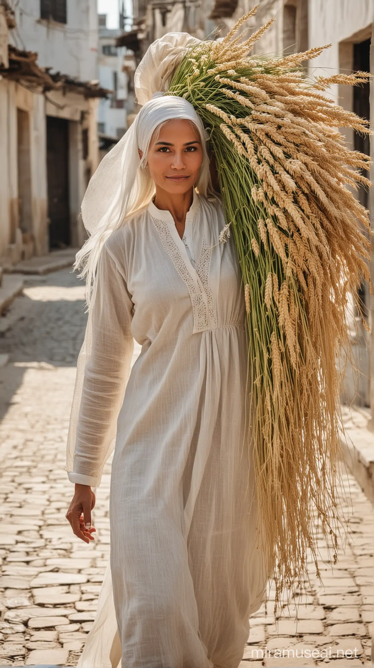 seorang perempuan ethnis jawa rambut panjang warna putih sedang membawa bunga gandum sangat banyak hingga menutupi wajahnya, ia sedang berada di kota tunisia dengan memakai baju dress berbahan linen.