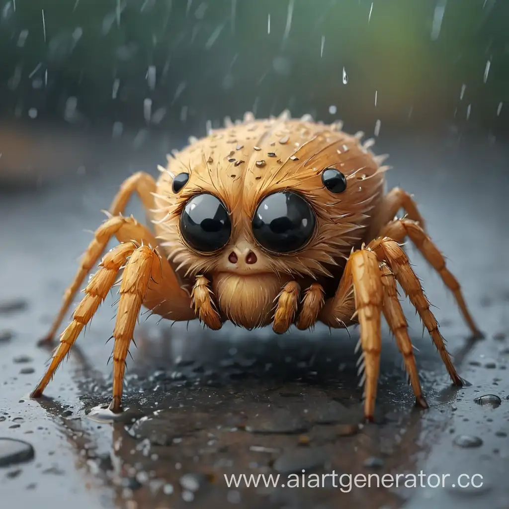 Грустный маленький паук сидит под дождём и плачет