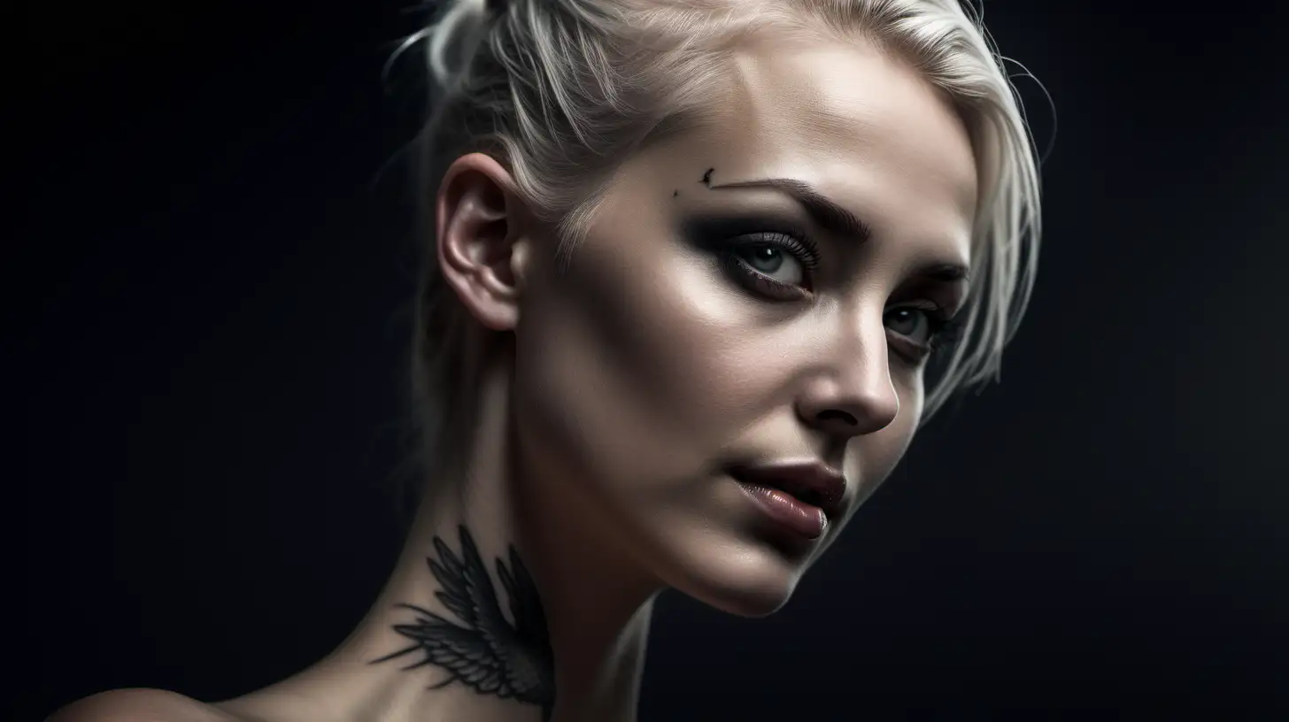 (cinematic lighting),Majestic portrait, dark grey eyes sweep arrogantly across the surroundings of this tall female. Most of her head is shaven, however glossy, blonde-light grey hair runs in a neat thick line from the edge of her hairline back over her scalp, spilling into a plume between her shoulder-blades. Her face is lovely and cute, marked by a trace of cruelty; her lips, when relaxed, are set into a slight, cynical smile. A small tatto, shaped as a dove is placed on here neck.Her form is lean and wiry, well muscled, intricate details, detailed face detailed eyes, hyper realistic photography,