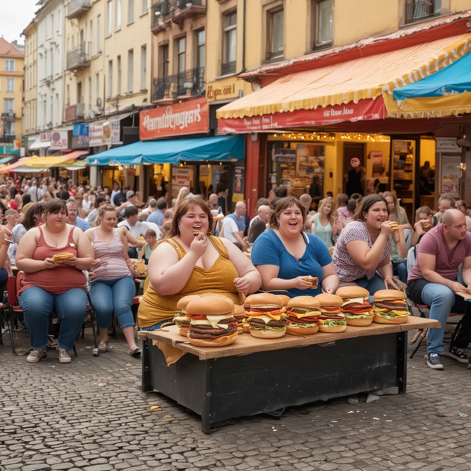 Joyful Festival Scene Overweight People Enjoying Flavorful Hamburgers in a Vibrant Atmosphere