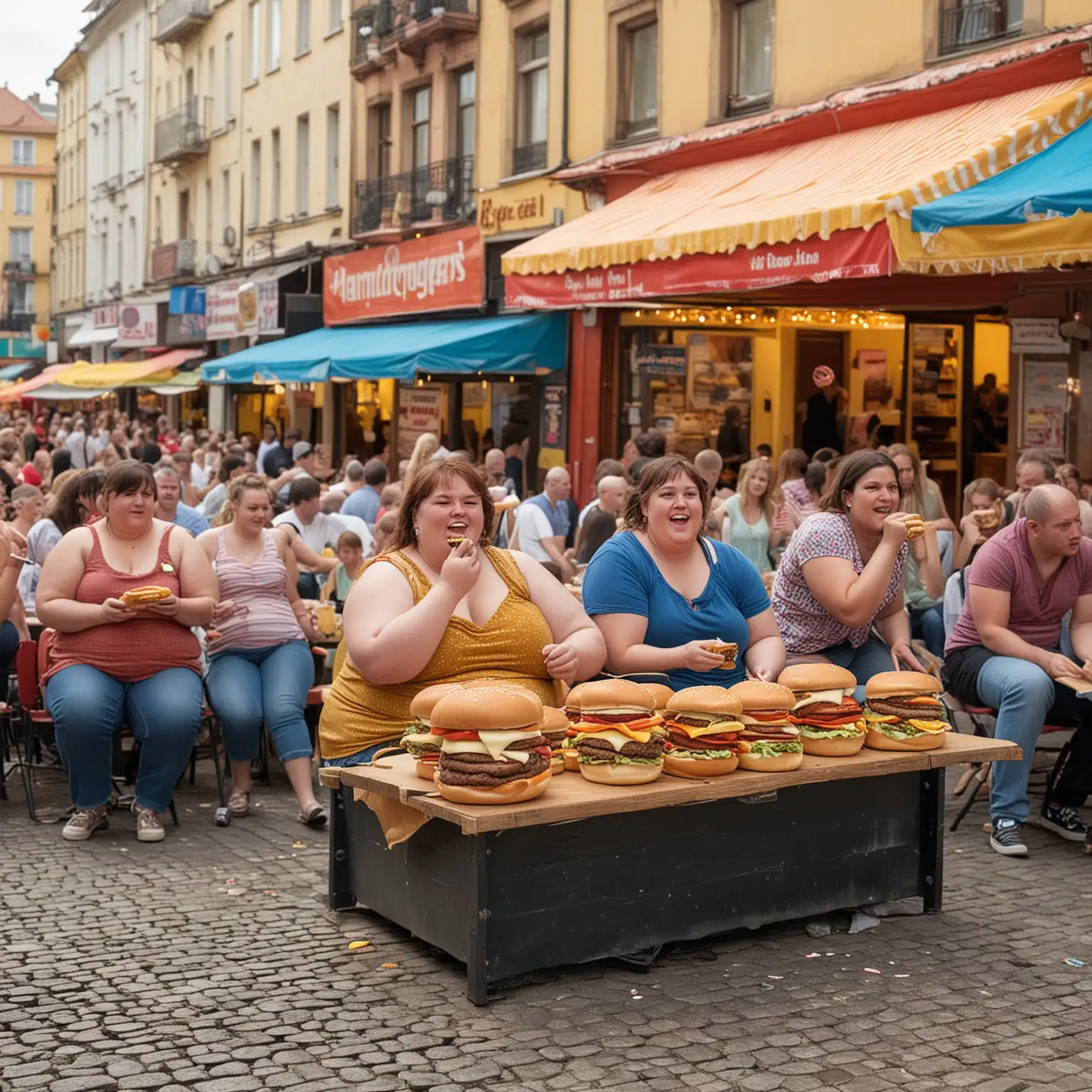 Dagadt, nagyon elhízott emberek az utcán hamburgert esznek, Az emberek egy fesztivál területén vannak, színes és vidám környezetben, a hamburgerek különféle ízekkel és feltétekkel rendelkeznek, az emberek boldogan fogyasztják az ételt, a háttérben színpadi előadás zajlik, zenével és tánccal, a környezet pezsgő és vidám, az emberek jó hangulatban vannak, Fotó, DSLR kamera