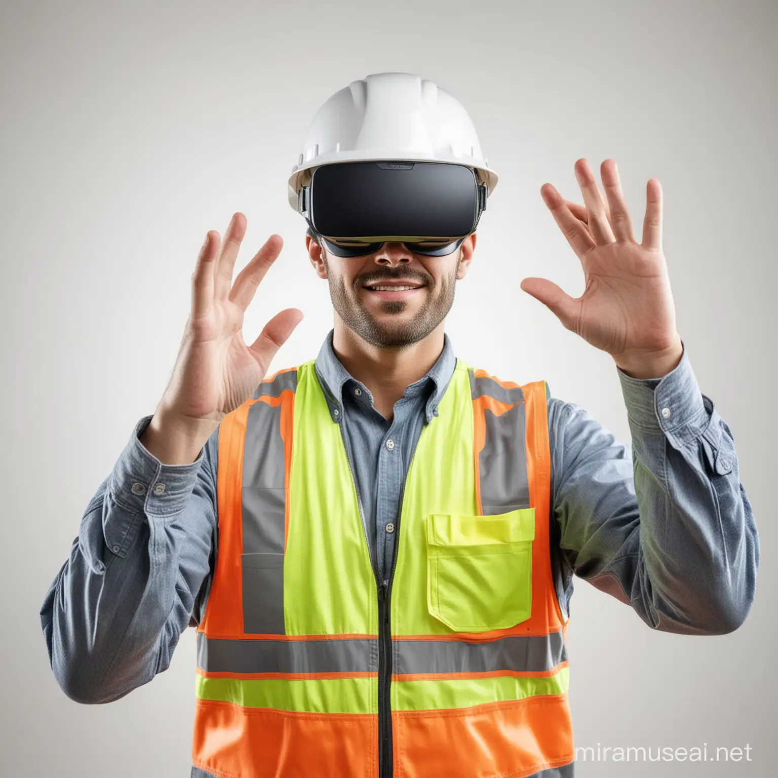 un ouvrier de chantier vu entièrement porte un casque de réalité virtuelle sur les yeux et un casque de chantier. arrière-plan blanc. il montre ses pouces