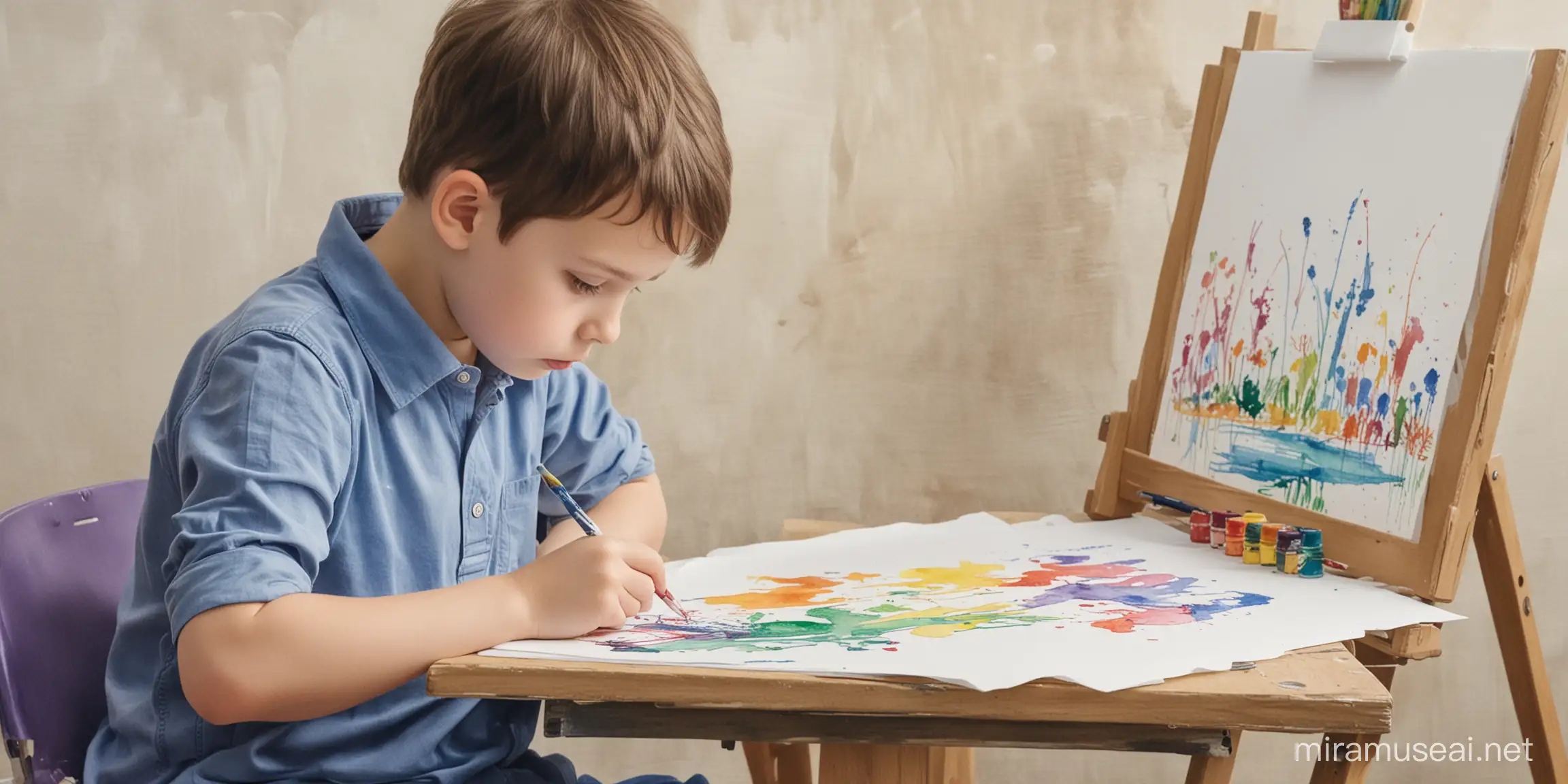 a water color image with a subject of autistic kids that are drawing and painting