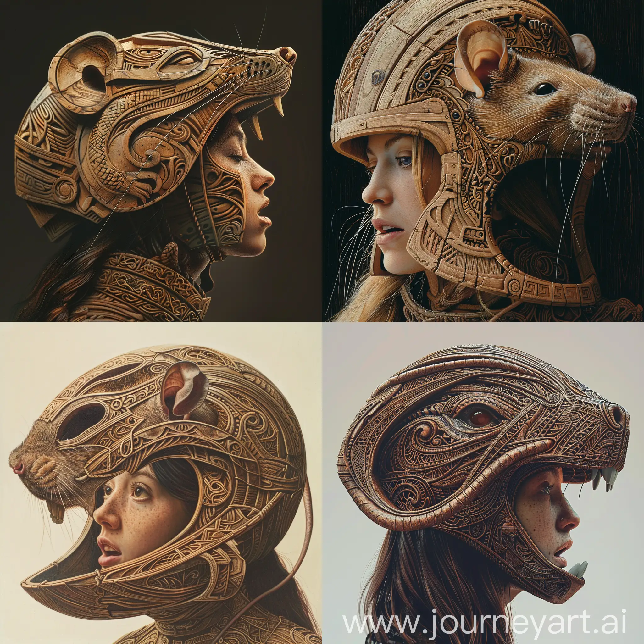 Create an image of a woman wearing a wooden helmet intricately carved to resemble a rat's face, with the rat's open mouth serving as the opening through which the woman's face is visible. The perspective should be a 3/4 angle