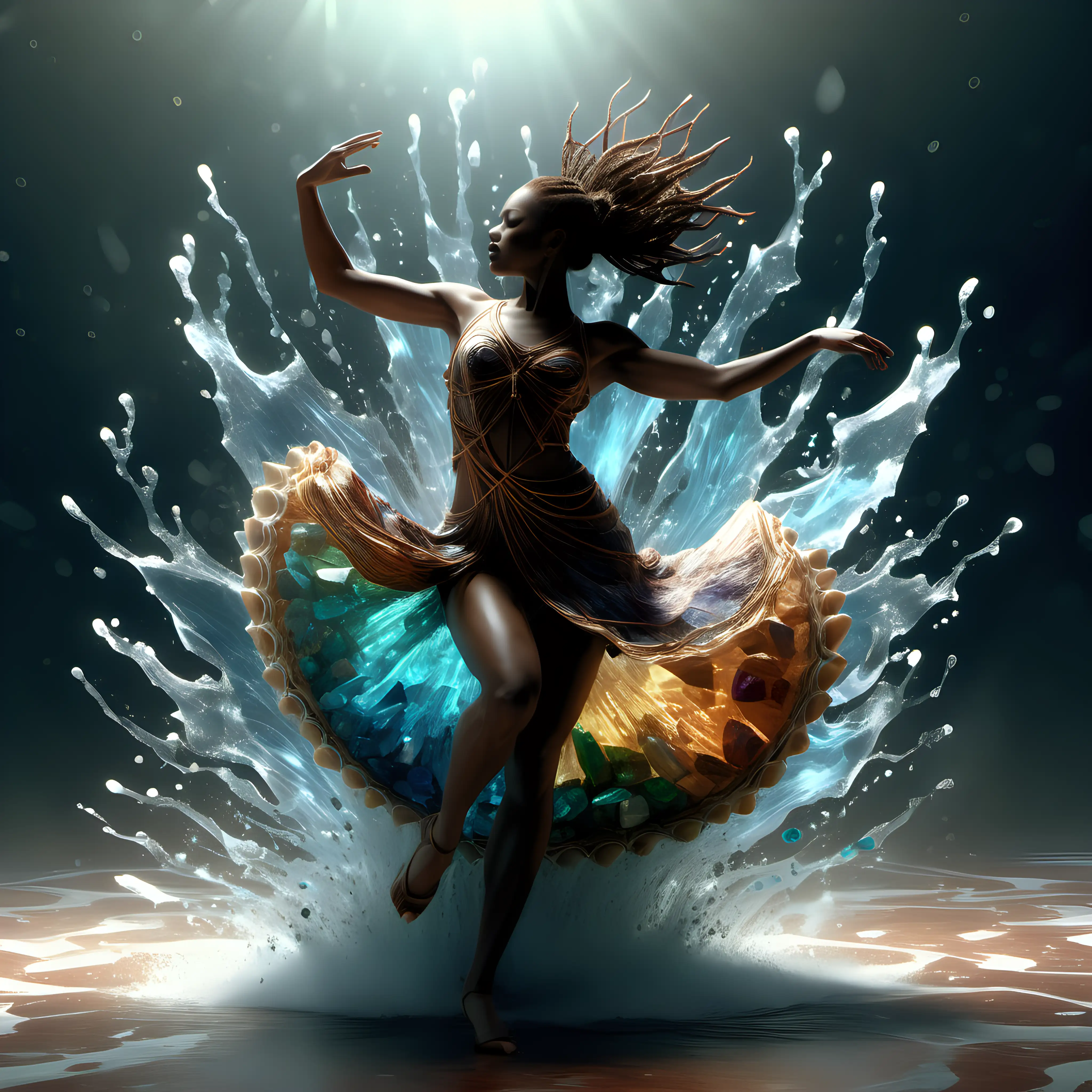 Dynamic Fantasy Art HighEnergy Female Crustacean Dancer Amid Earthtones and Gemstones