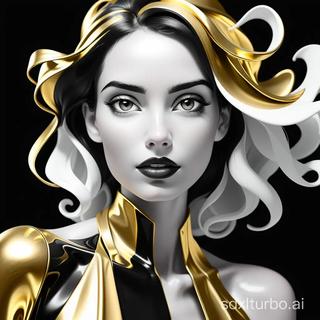 Woman: gold, black and white,   Background: Black