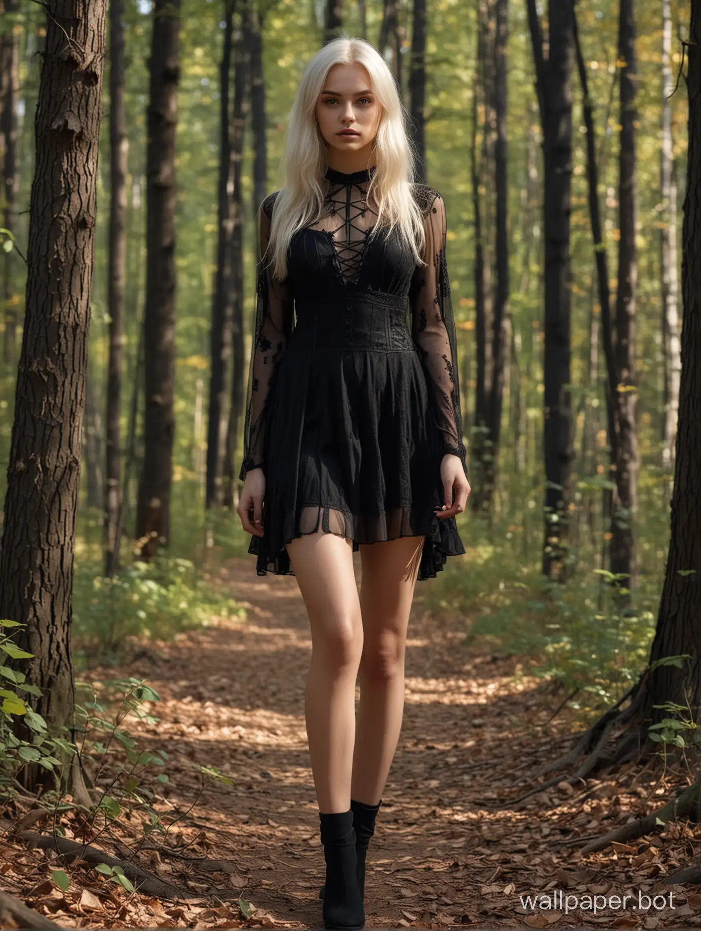 Photo of a beautiful 18 y.o. russian model, full body, wide shot, detailed skin, perfect hips, perfect body, very detailed, 4K HQ, 8K HDR, High contrast, shadows, platinum blonde hair, in forest, black gothic sheer short dress, full body view