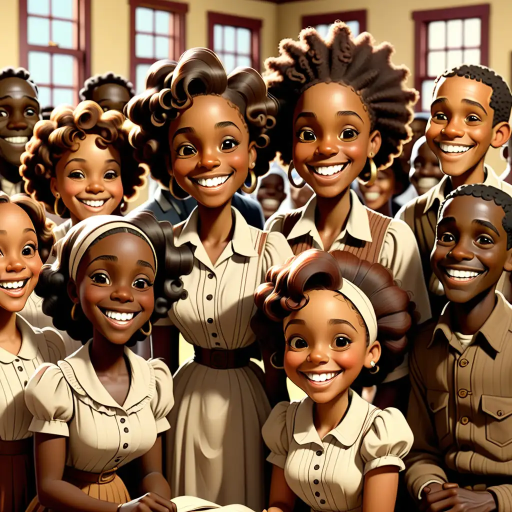 1900s cartoon-style African Americans at the community center smiling