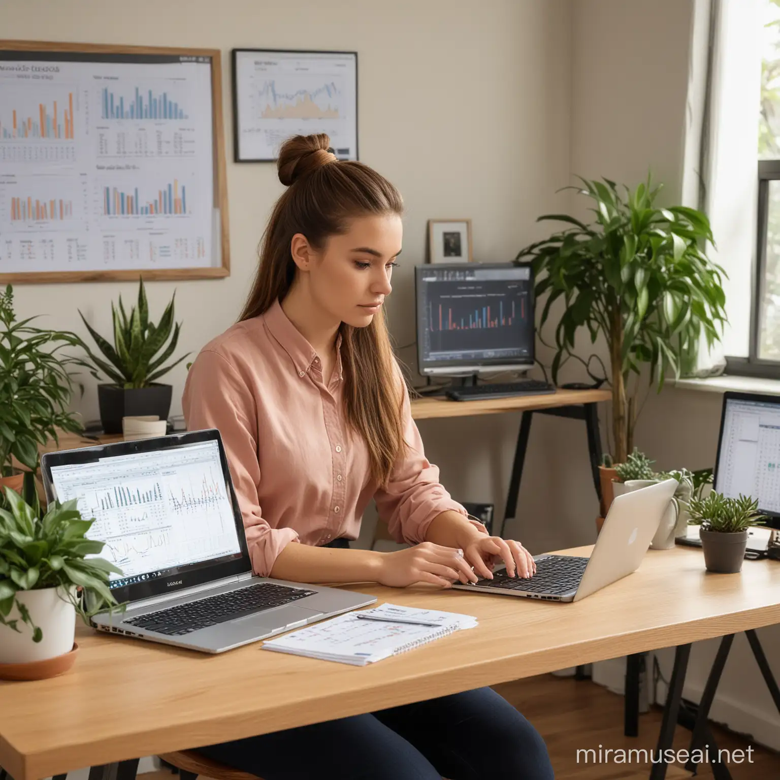 Focused Woman Working at Desk with Dual Monitors and Charts