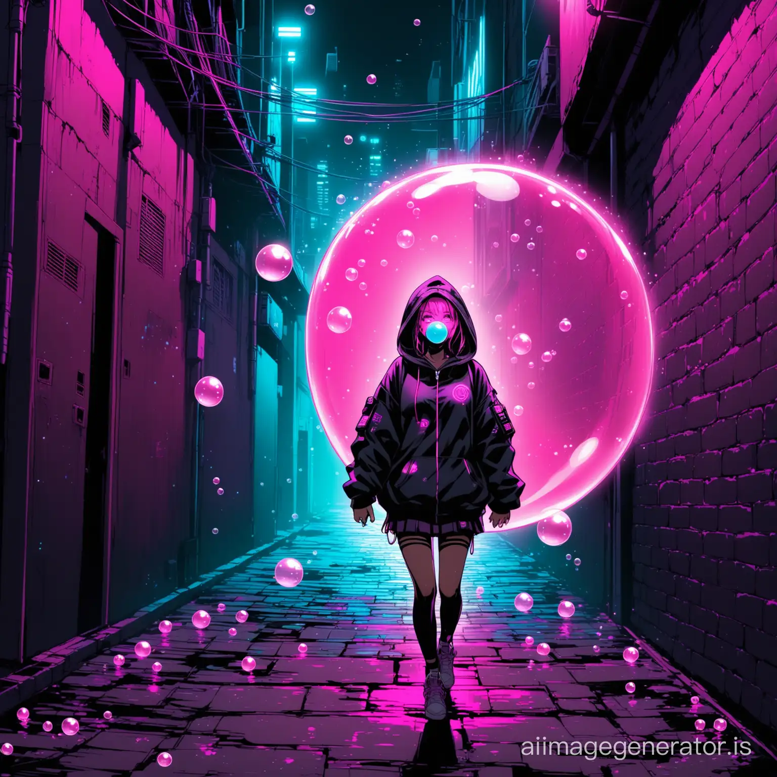 cyberpunk style with neon teme. a girl walking in a dark narrow alley wearing a hoodie and blow up a pink bubble gum and bubbles coming out from her hands and bubbles in the ground