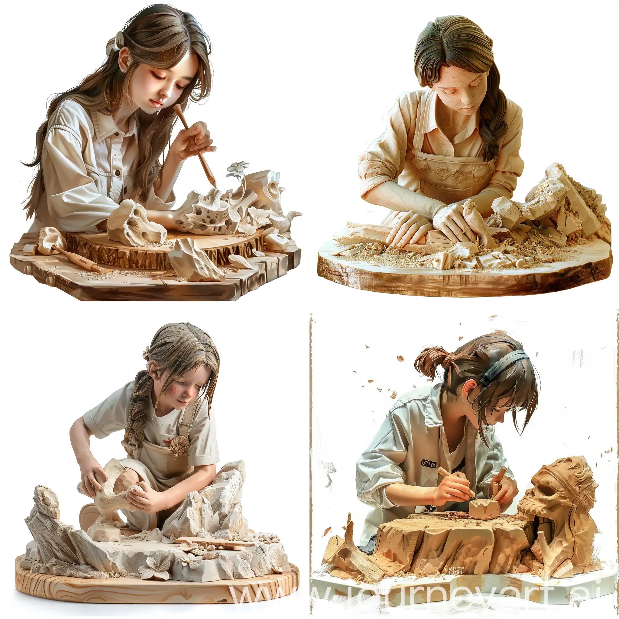 A GTI 6 style girl who is carving on wood and made a very nice sculpture. White background - very realistic
