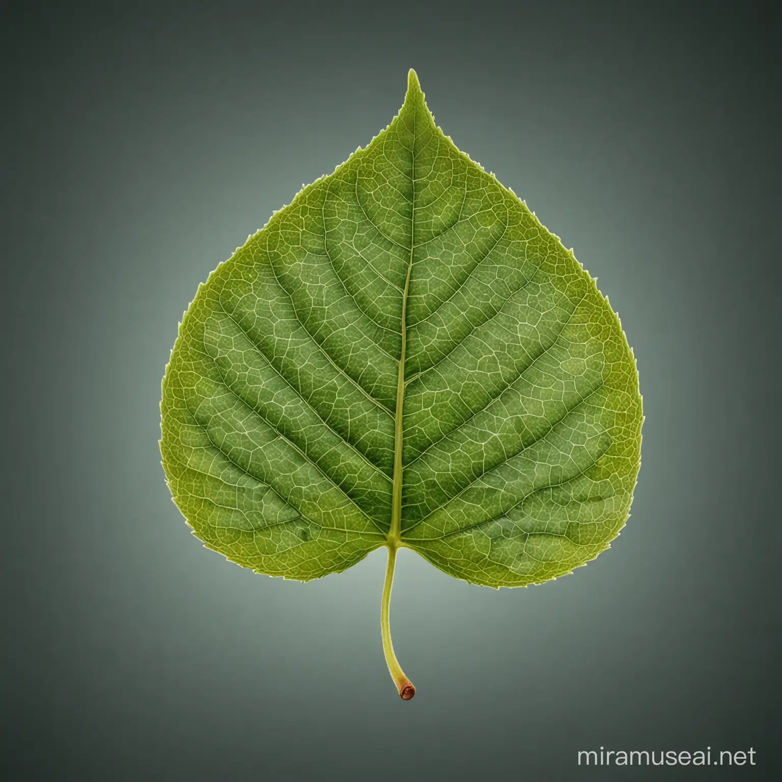 The Image Shows side view of one fresh leaf. The leaf is set against an isolated background. It is the perfect leaf with a symmetrical, geometric and beautiful shape.