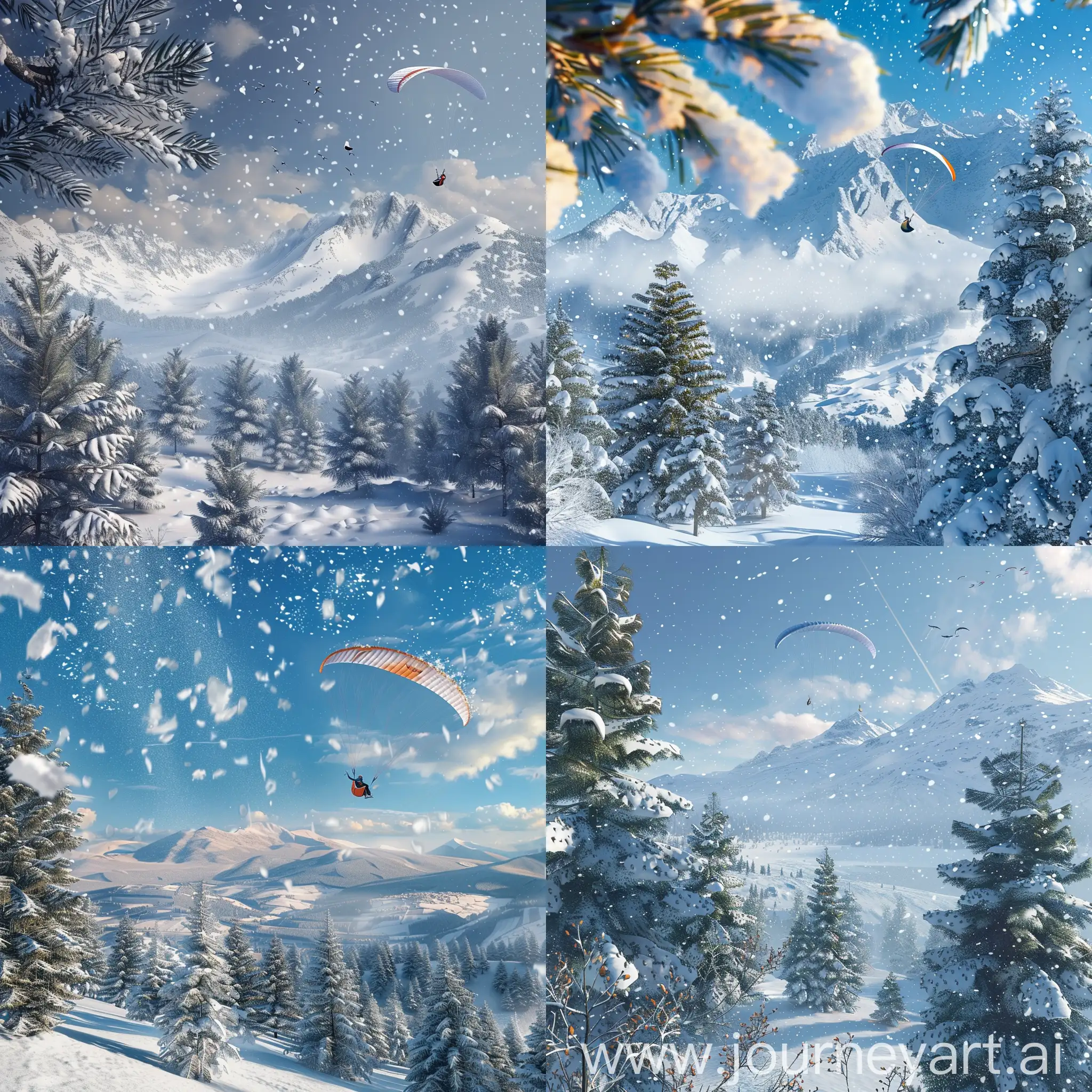 The snow falling from the mountain and the paraglider flying in the sky can be seen nearby, all the ground is covered with snow and ice, fir trees are decorated with snow.