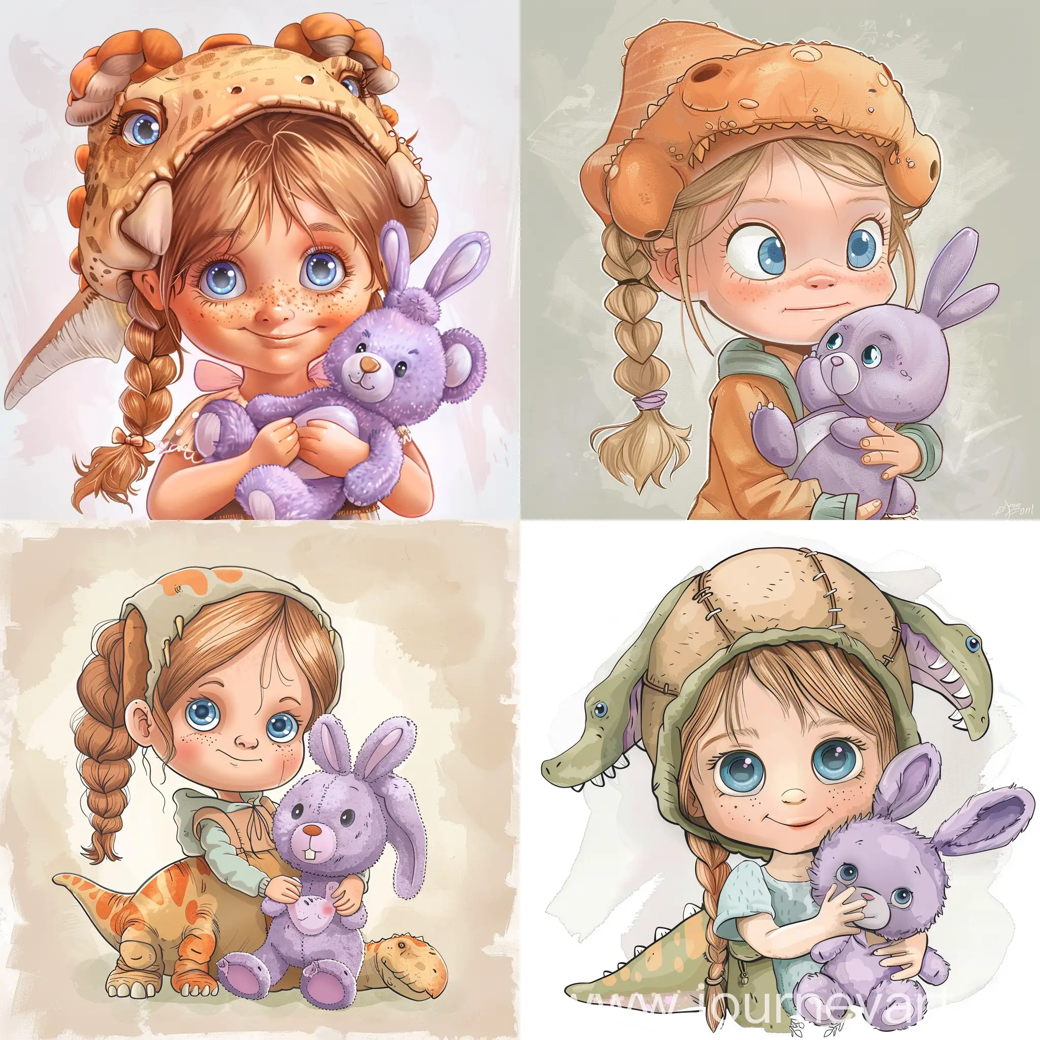 Cartoon of a little girl with blue eyes and sandy brown and blonde hair in a plait in a dinosaur costume holding a light purple bunny rabbit teddy 