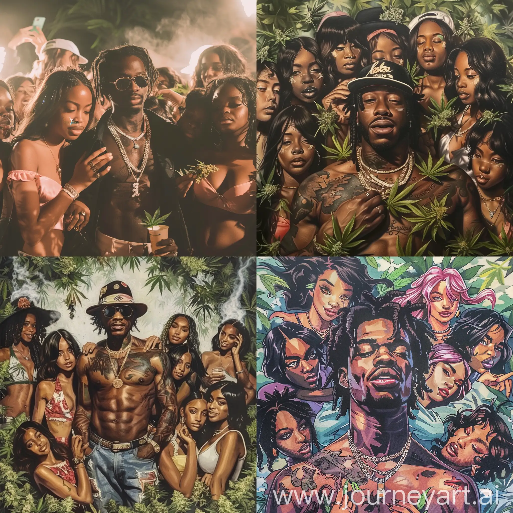 Hip-Hop-Artist-Surrounded-by-Women-and-Cannabis
