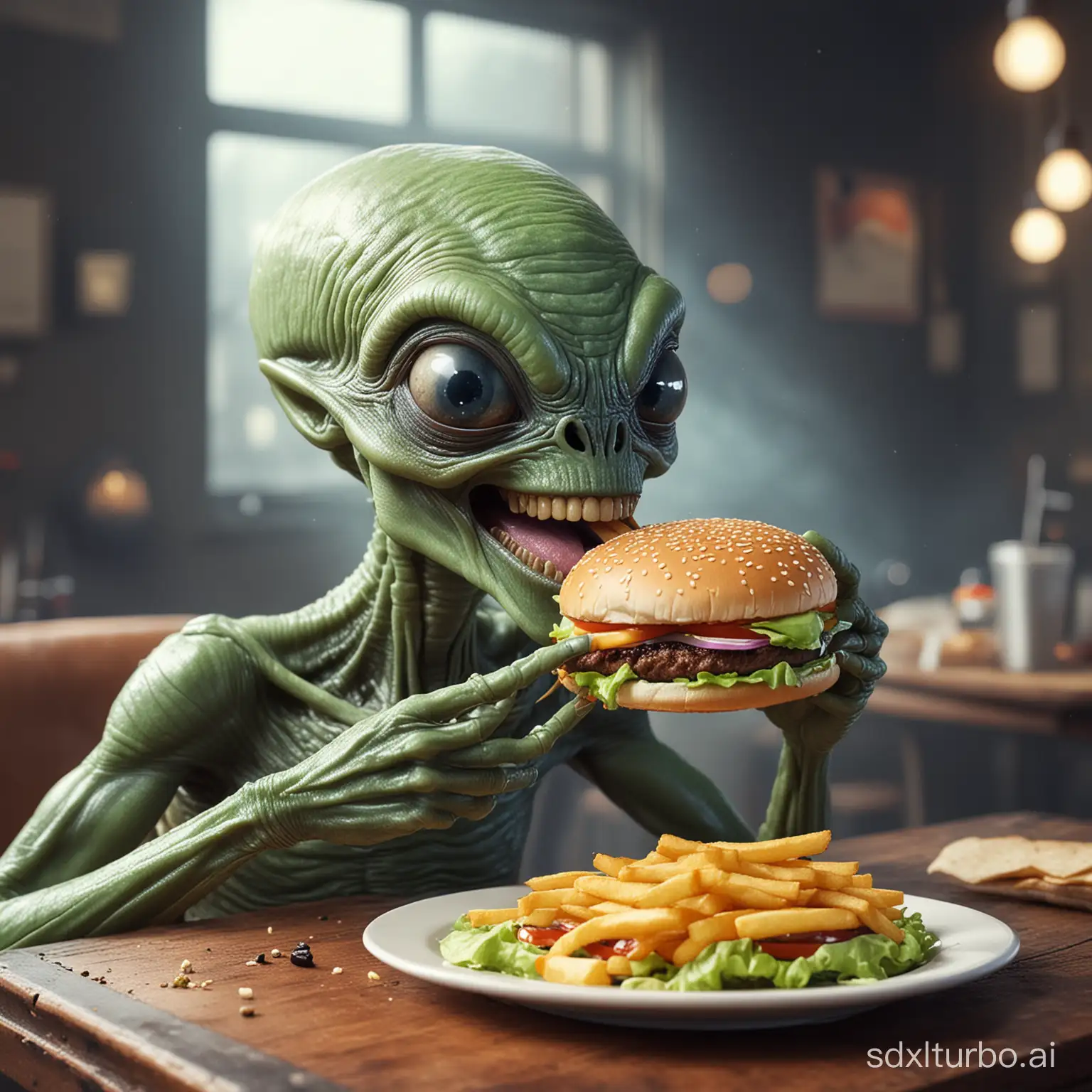 An alien is happily eating a burger