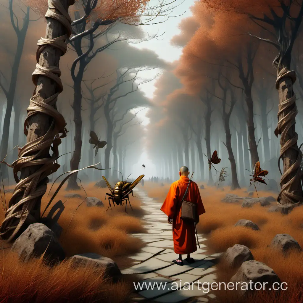 Autumn-Forest-Encounter-Chinese-Monk-and-Giant-Insects