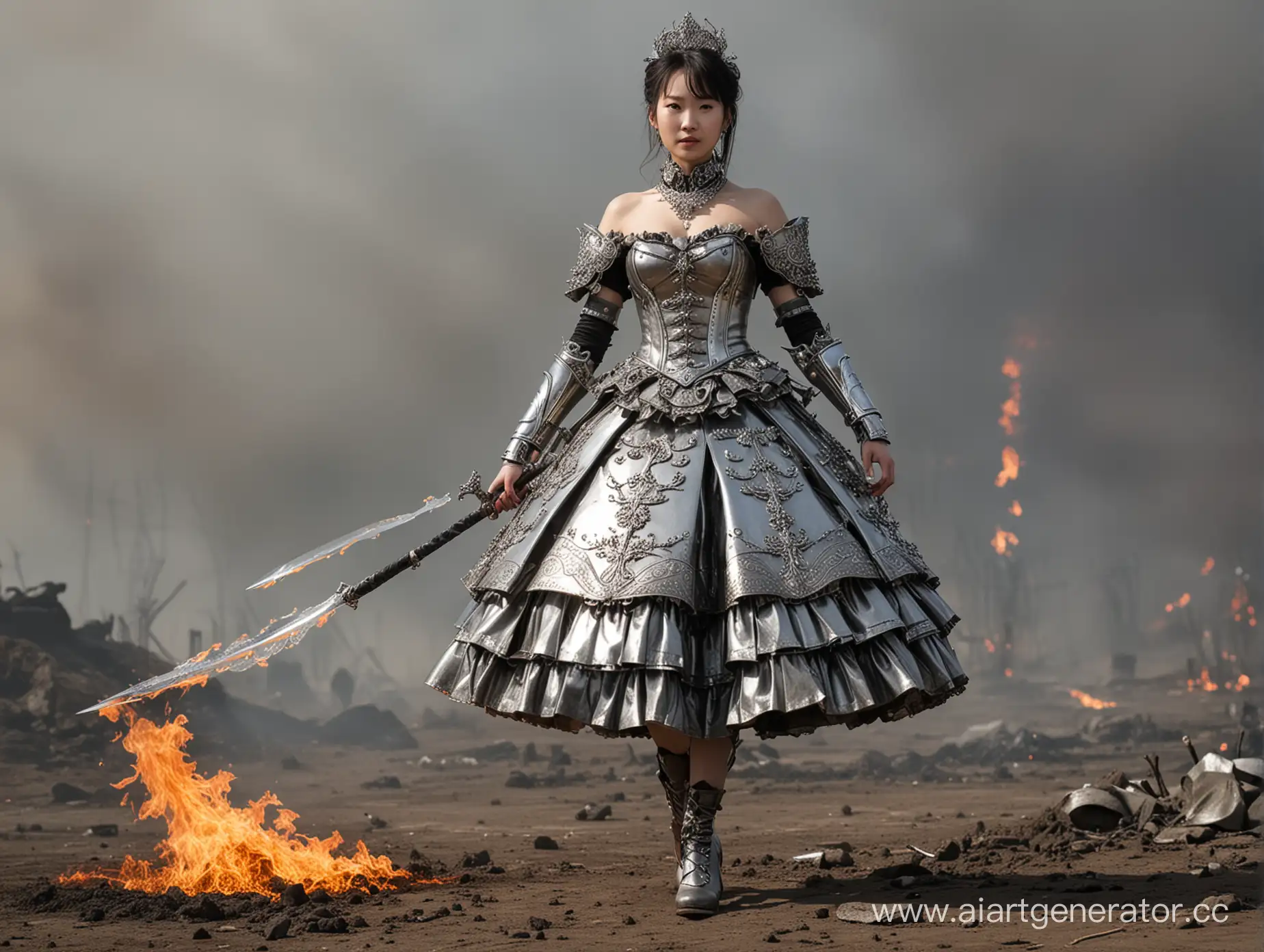 Warrior-Woman-Miao-Ying-in-Shiny-Steel-Armor-on-Flaming-Battlefield