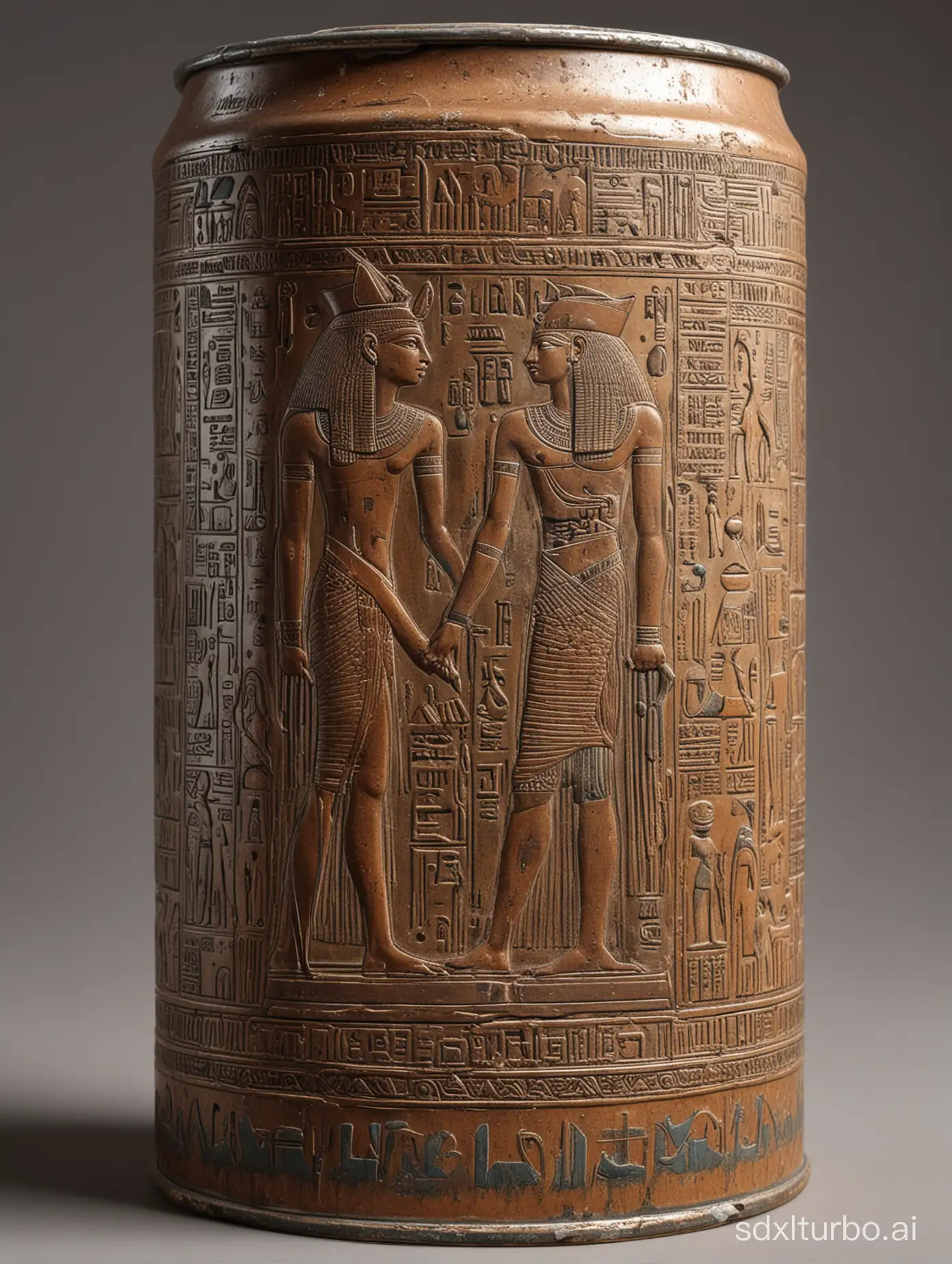 generate a rusty metal can with intricate designs and engravings that combine elements of ancient Egyptian art and modern design. A prominent feature on the can is an embossed figure that resembles an Egyptian pharaoh wearing a traditional headdress but is depicted riding a modern scooter. Hieroglyphic-like symbols and shapes are engraved above and around the figure, adding to the ancient aesthetic. The top of the can has a typical soda or beer can opening, contrasting with the otherwise historical appearance. The metal shows signs of wear and tarnish, giving it an aged look.white background
