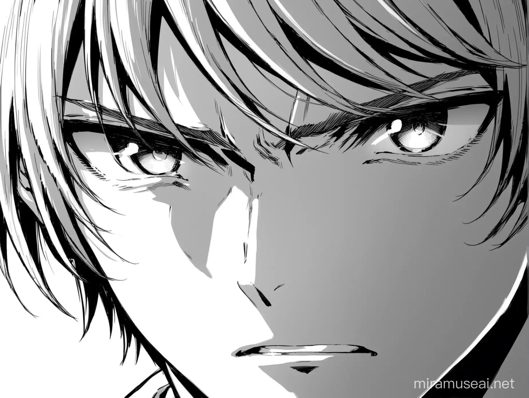 black and white manga illustration of close up male anime face