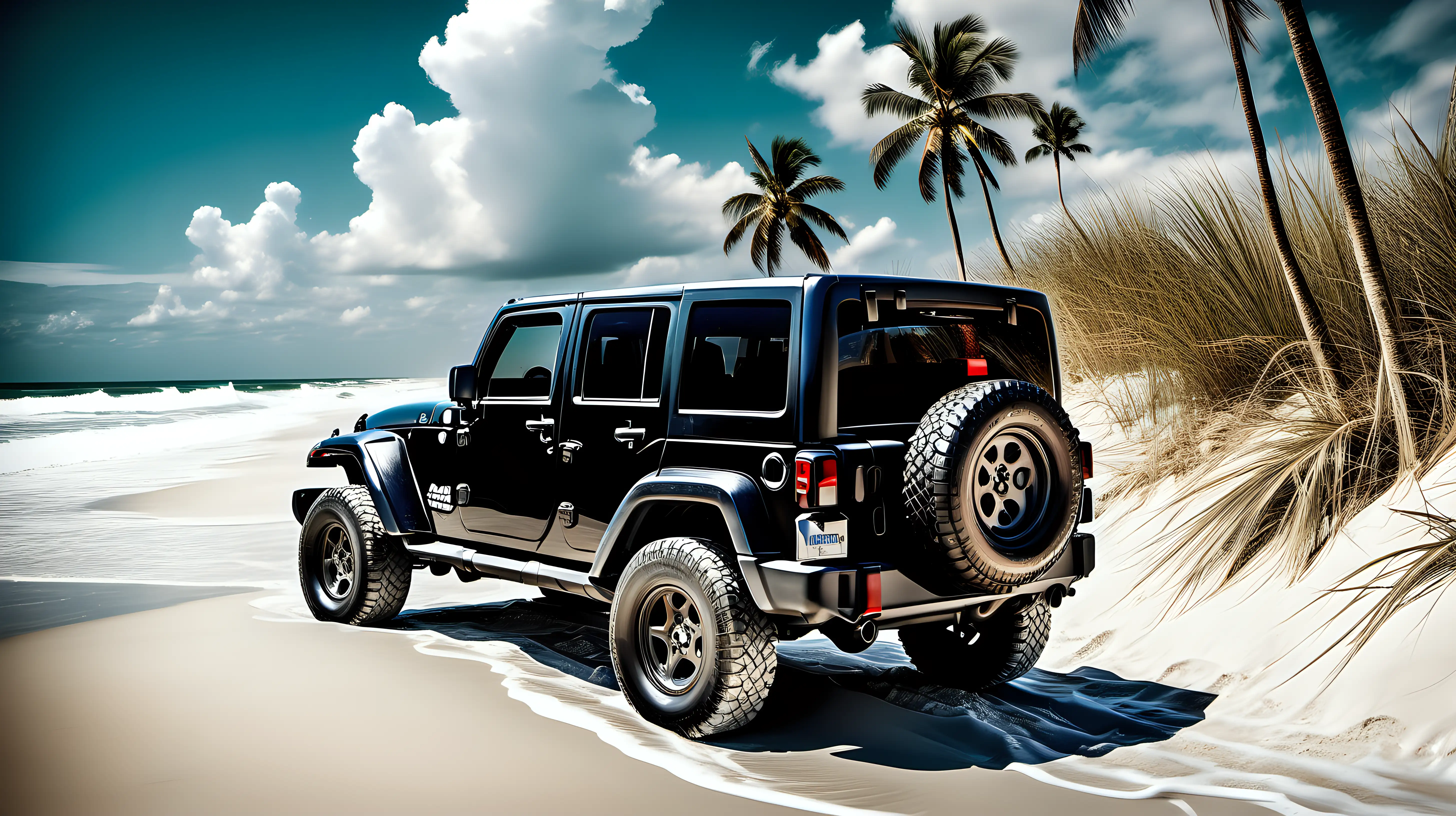 /imagine prompt: A photographic style image of a rugged Jeep Wrangler on a sunny Florida beach, surrounded by palm trees, with the surf in the background and the vehicle leaving a trail in the soft, white sand. Created Using: beach adventure, rugged vehicle, sunny ambiance, palm tree landscape, surf background, trail in sand, Florida beach day, hd quality, vivid style --ar 16:9 --v 6.0

