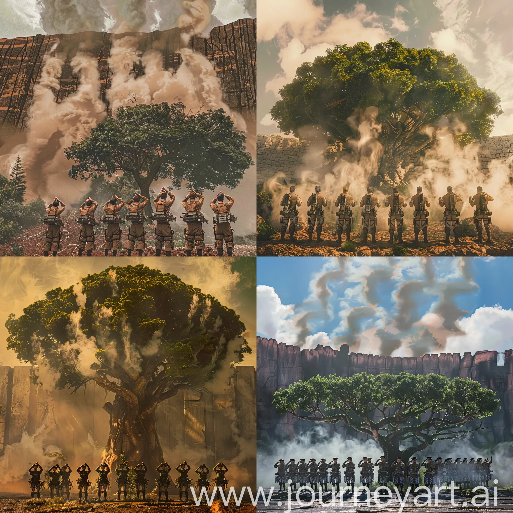 All members of the Attack of the Titans Exploration Battalion saluting from the heart! In front of the ymir tree with smoke and the shingashima wall in the background