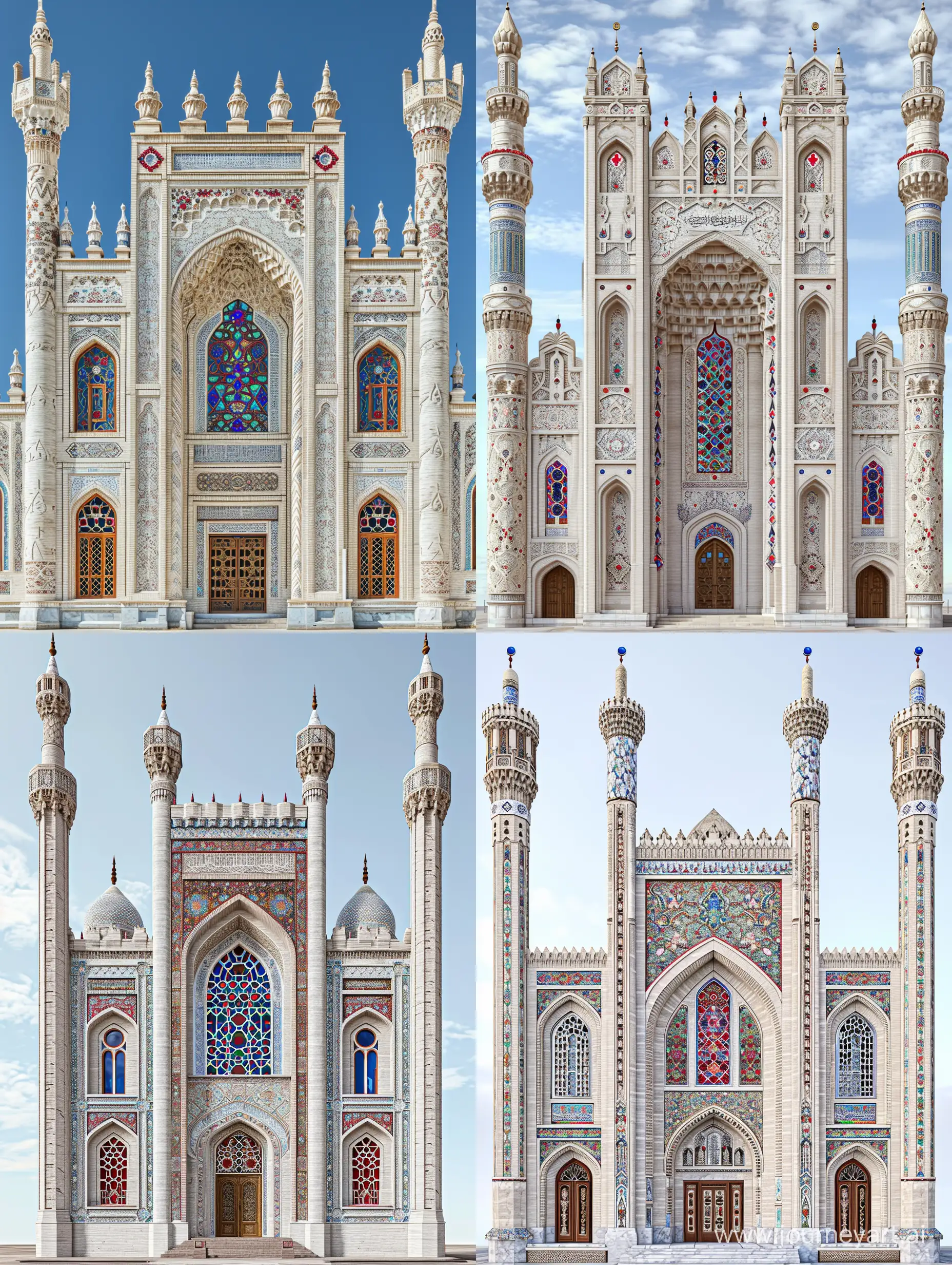 an Uzbekistan style multi level mosque, highly decorated with arabesque carvings, White marbled  brick exterior, tall iwan with muqarnas, islamic stained glass windows, red blue persian floral design on spandrels, red blue gems and rubies embedded on islamic arabesque openwork ornaments, thin decorative minarets, many long decorative finials, full view, front view