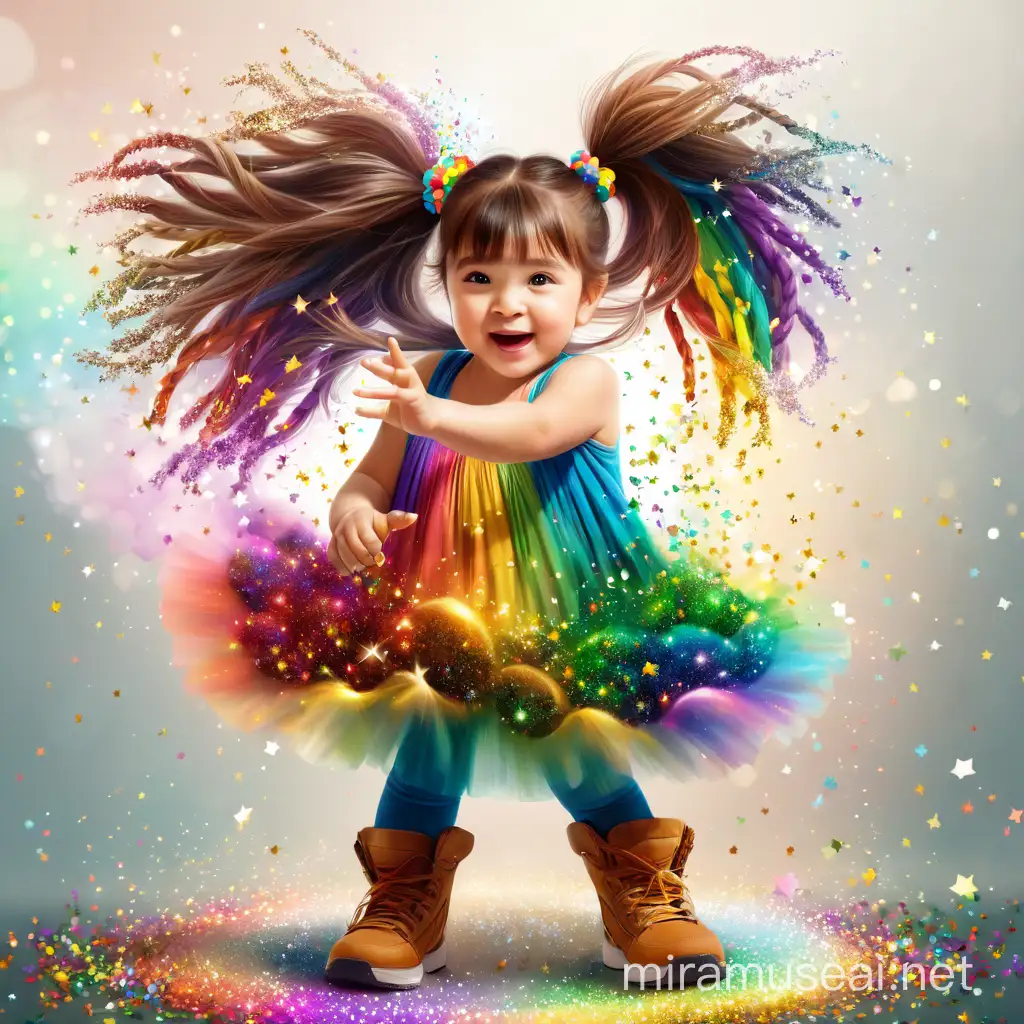 תציג תמונה ראליסטית של ילדה עם שימלה בצבעי הקשת, שיער חום עם גוונים בשתי קוקיות. היא מחזיקה את שתי כפות הידיים צמודות אחת ליד השנייה ונושפת מהן נצנצים צבעוניים לאויר. 