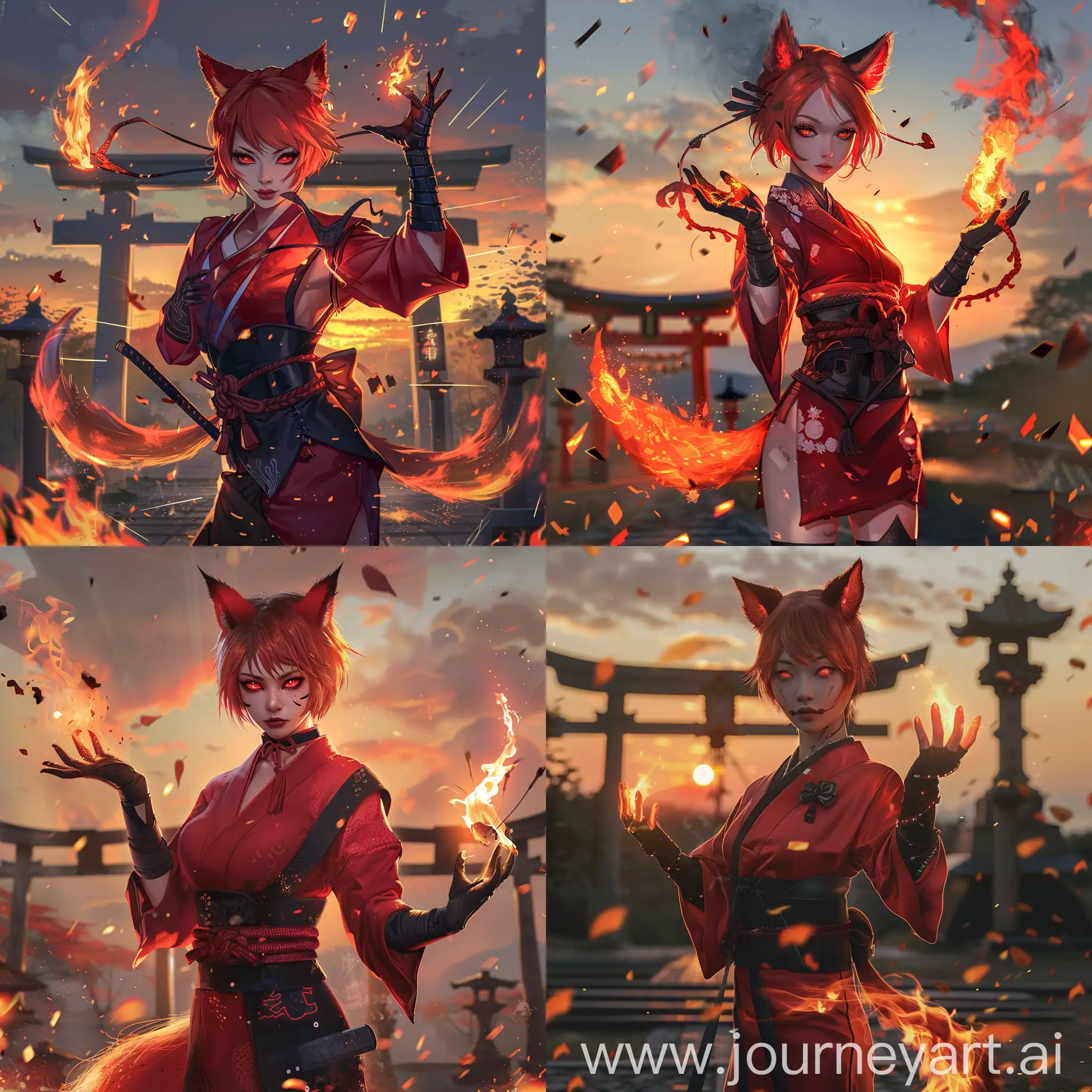 anime-style, full body, athletic, beautiful, light skin, asian woman, short fiery red hair, red fox ears, red fox tail attached to her waist, fiery red eyes, wearing a red kimono, black hakama, black sash, long black gloves, black leather boots, casting fire magic, hands wrapped in fire,  good anatomy, dynamic, embers falling in foreground, shinto shrine, sunset