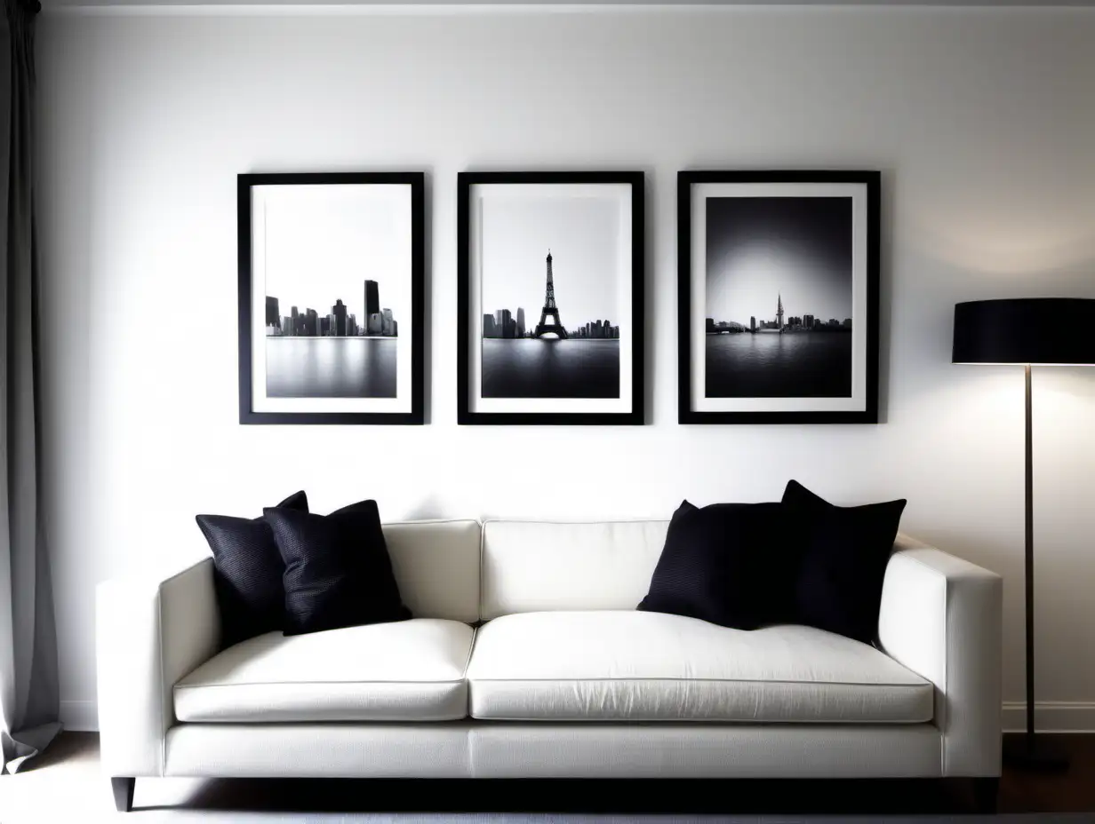 Modern Living Room with White Walls and Three A3 Frames