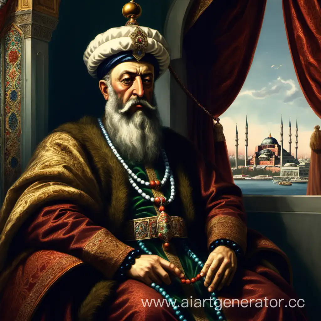 Османский султан с большой бородой сидит на троне в руках чётки задумчиво смотря в оконо вид на Стамбул, с красивой шапкой 