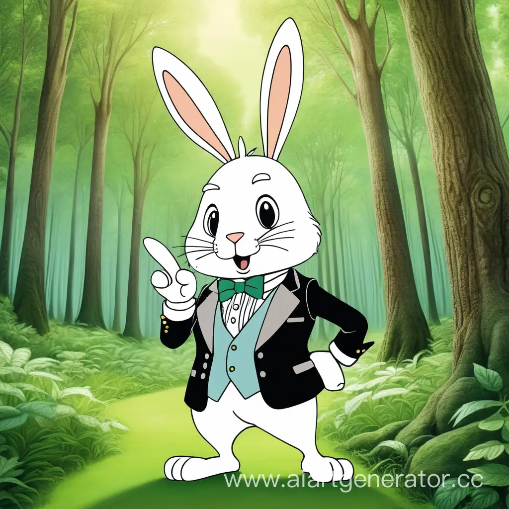 a rabbit dressed as a man is talking to someone in the green forest