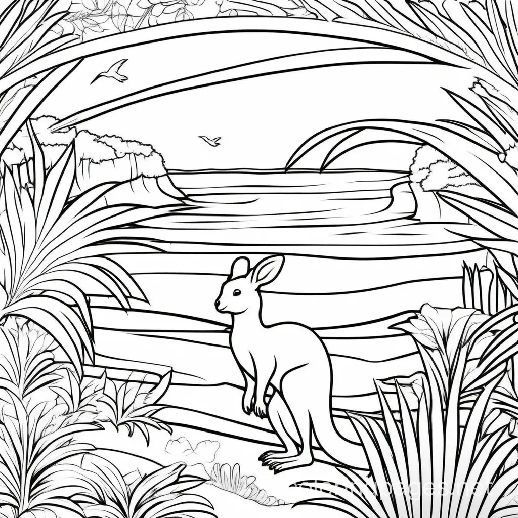 visiting australia, Coloring Page, black and white, line art, white background, Simplicity, Ample White Space. The background of the coloring page is plain white to make it easy for young children to color within the lines. The outlines of all the subjects are easy to distinguish, making it simple for kids to color without too much difficulty