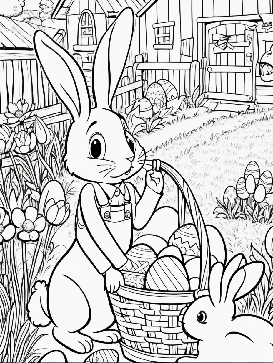 hidden object book for kids in pixar style, beautiful --v 5 --q 2, Cute, fairytale, whimsical, cartoon, Easter, simple, kids cartoon style, thick lines, black and white, bunny, Easter egg hunt, farm
