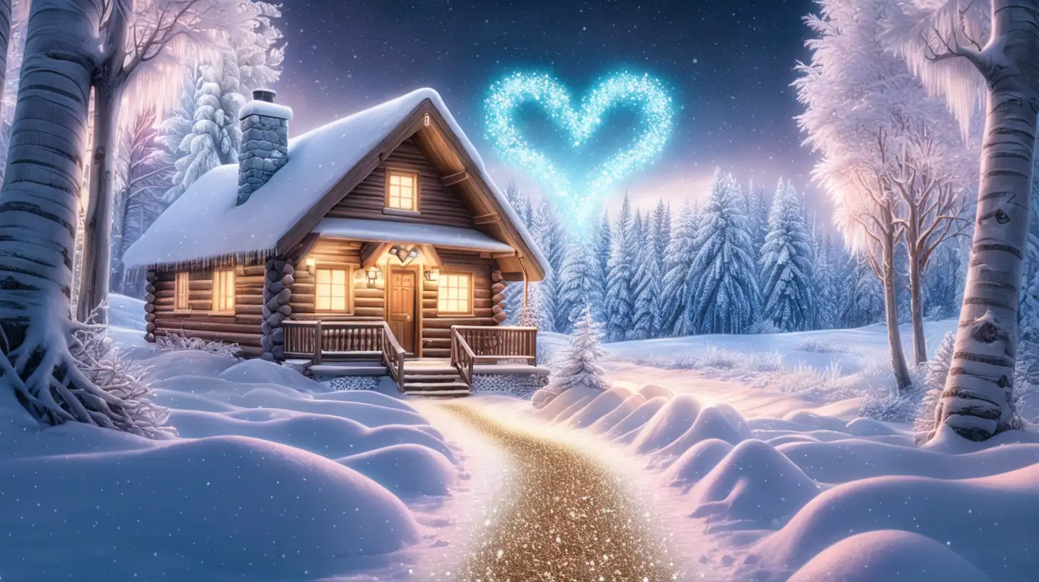 Enchanting Winter Scene Glittering Heart Path to a Cabin in Icy Snow