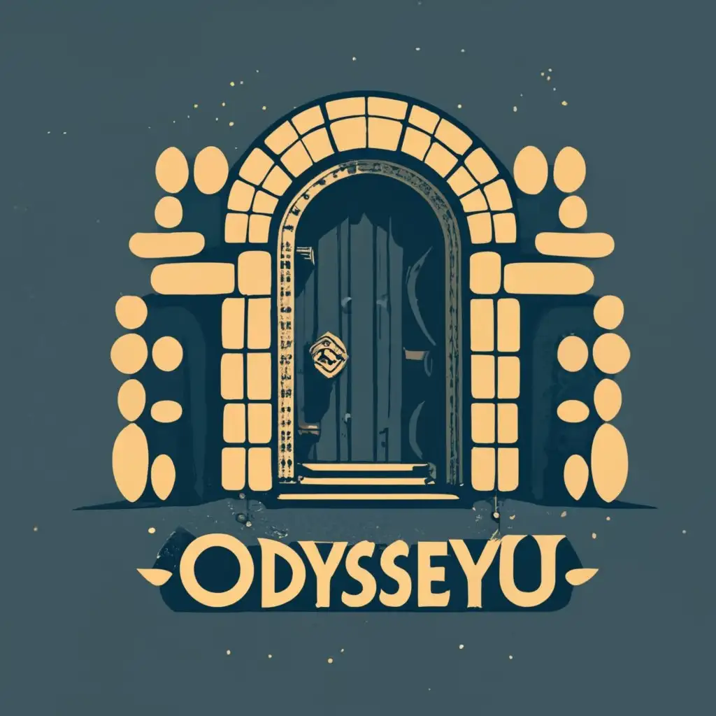 logo, a dungeons and dragons dungeon entrance, with the text "OdysseyU", typography