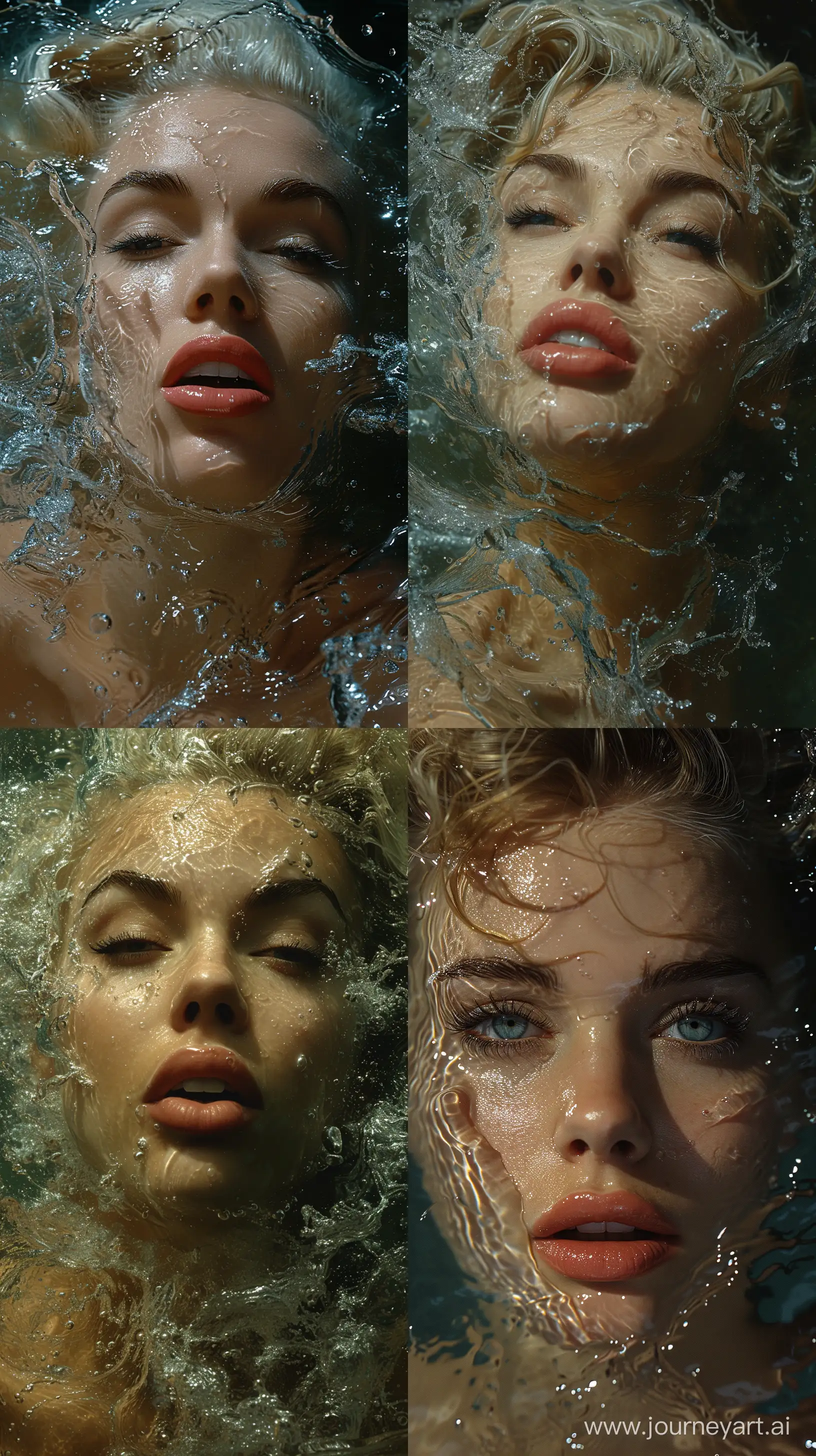 the face of marilyn monroe, in water, in the style of dystopian realism, realistic perspective, surrealistic realism, emotive realism, soggy, eerily realistic --ar 9:16 --stylize 750 --v 6