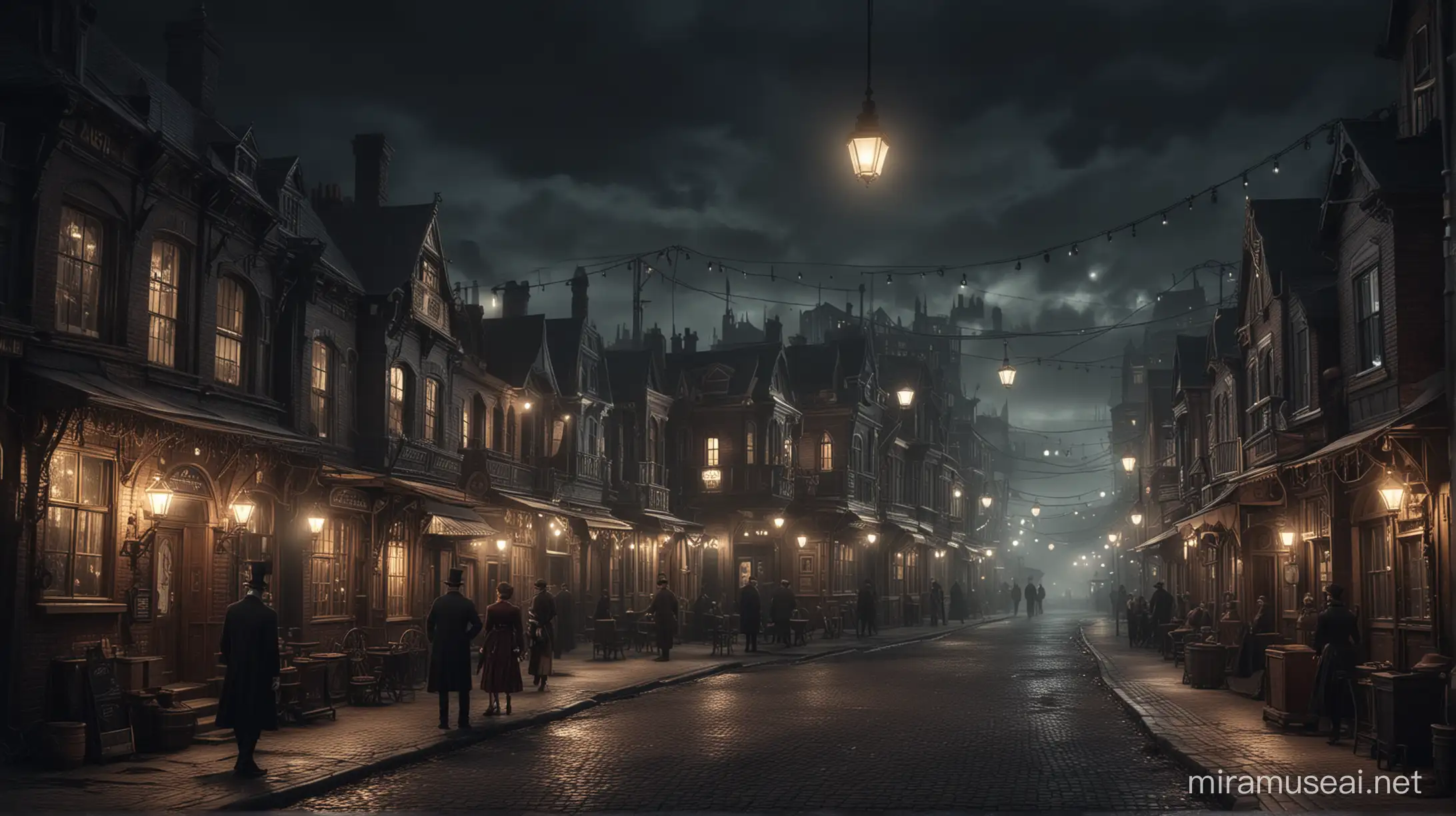 small steampunk suburb at night, very dark, many lights, people in victorian suits and steampunk dresses