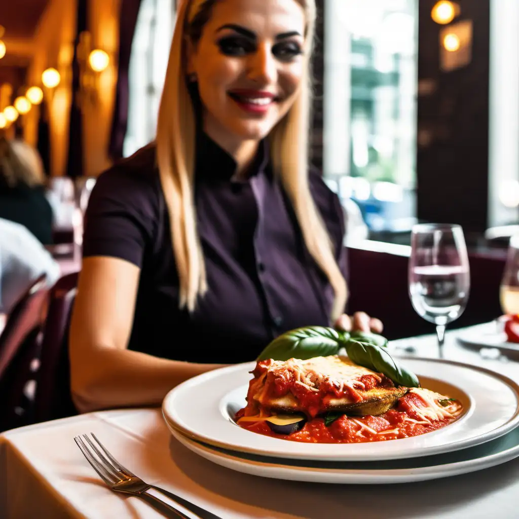 Delicious Eggplant Parmesan Delight Served by Attentive Waitress