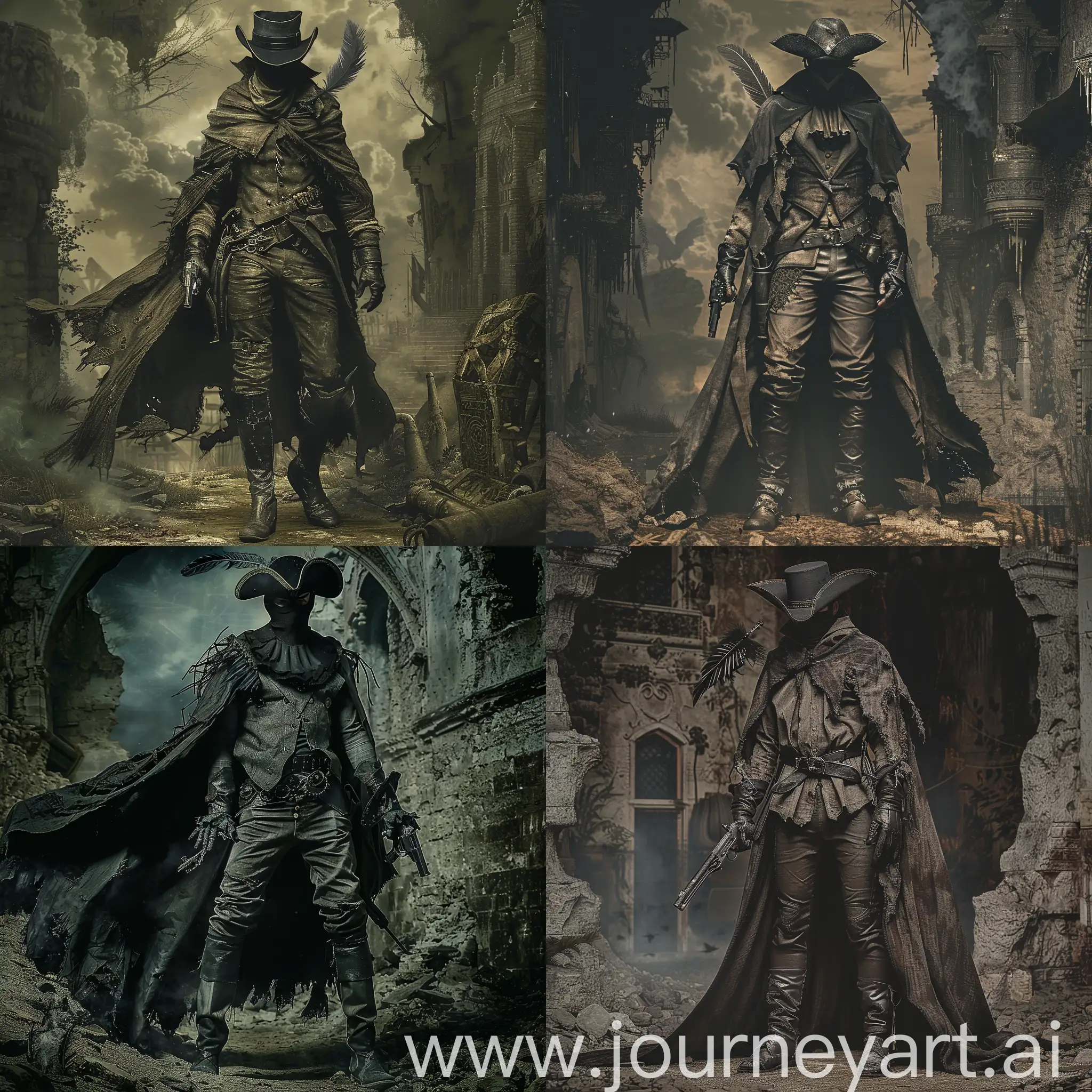 A man in edgy attire inspired by Bloodborne wears a tattered, dark cloak over a high-collared shirt, paired with leather gloves and trousers. Knee-high boots and dark accessories complete the look, evoking the gothic, Victorian aesthetic with a hint of horror, wielding a gunblade, wears a black mask and a tricorne with a feather in a dark rotting castle ,1970's dark fantasy book cover style, gritty, dark, vintage, detailed