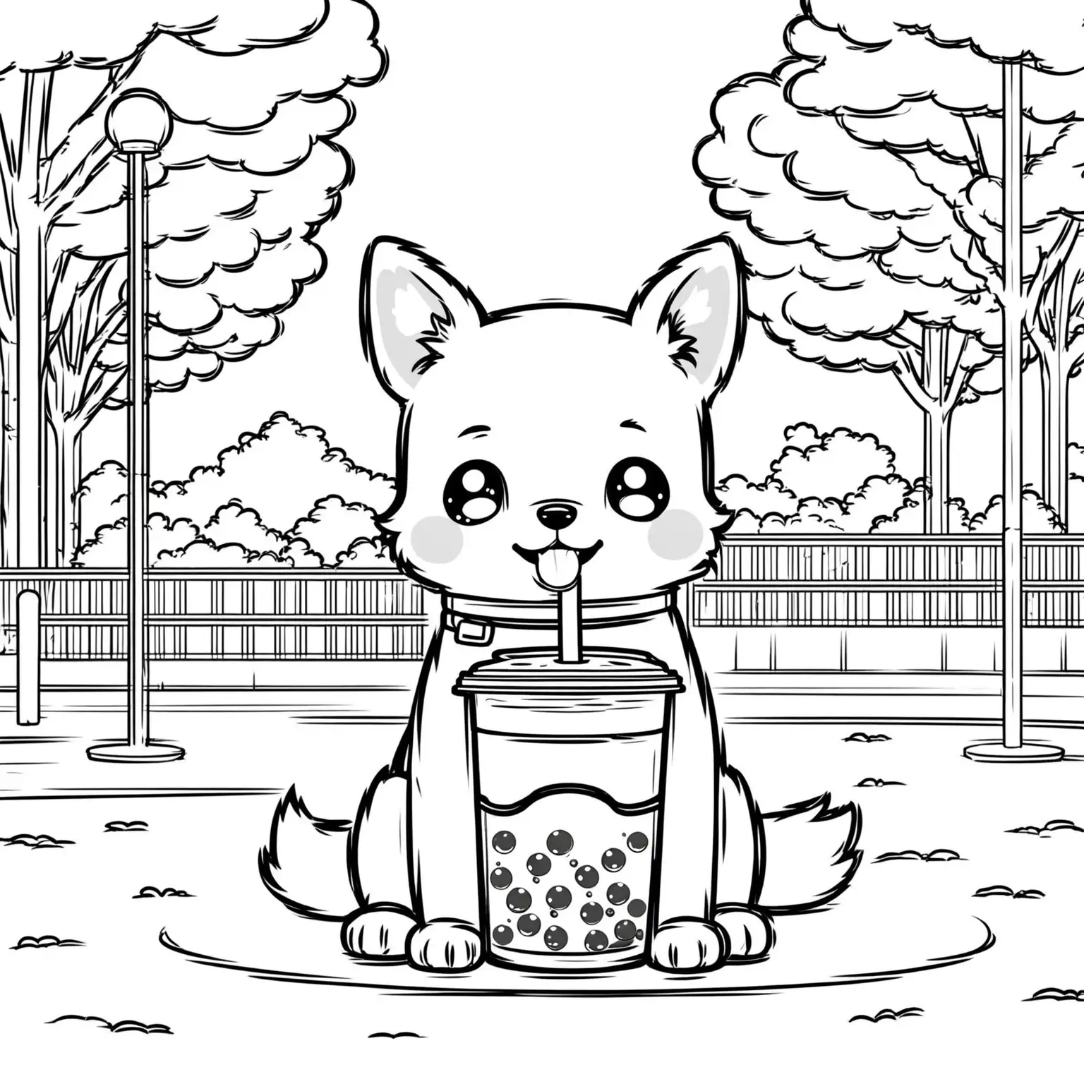 Coloring page for kids with a cute kawaii dog drinking boba tea at a park, black lines and white background only black and white