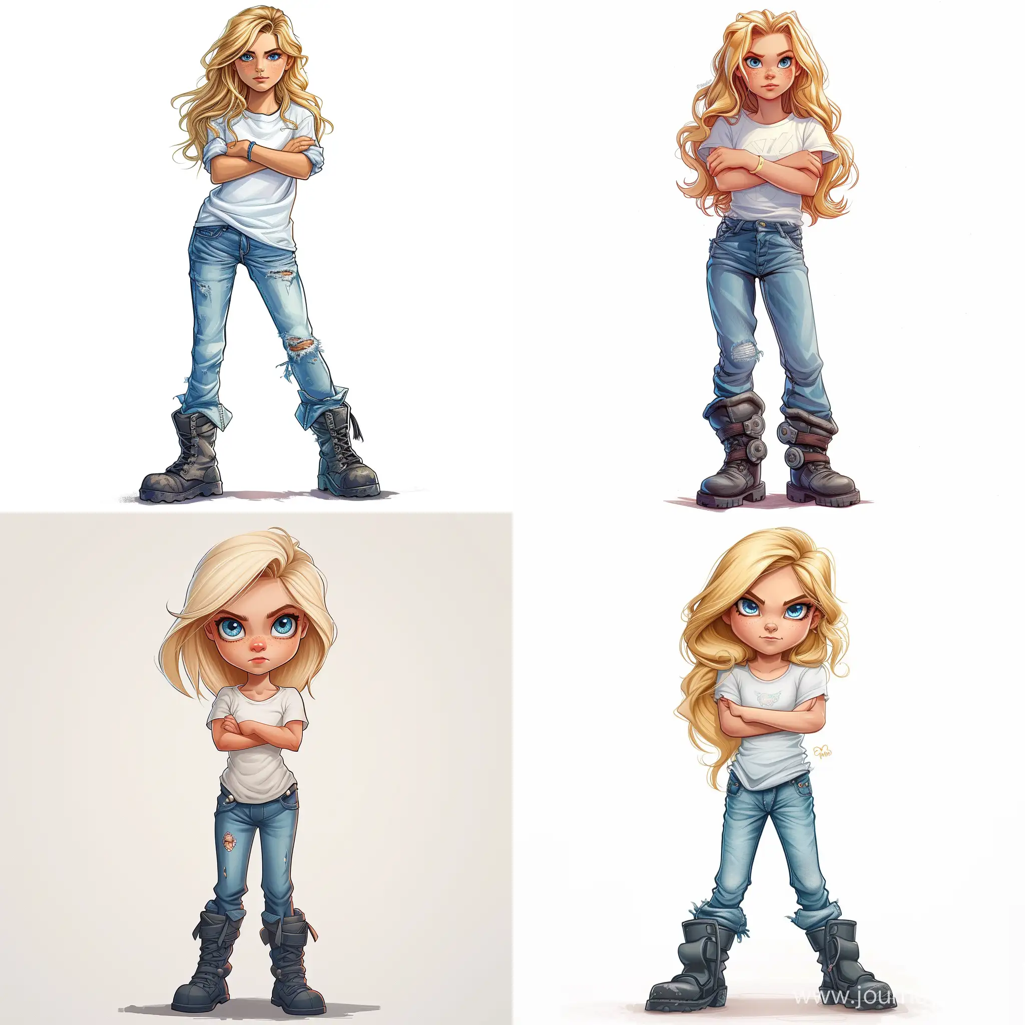 Beautiful girl, blonde hair, blue eyes, white skin, teenager, 15 years old, jeans, jeans, white T-shirt, heavy boots, cool, folded arms, high quality, high detail, cartoon art