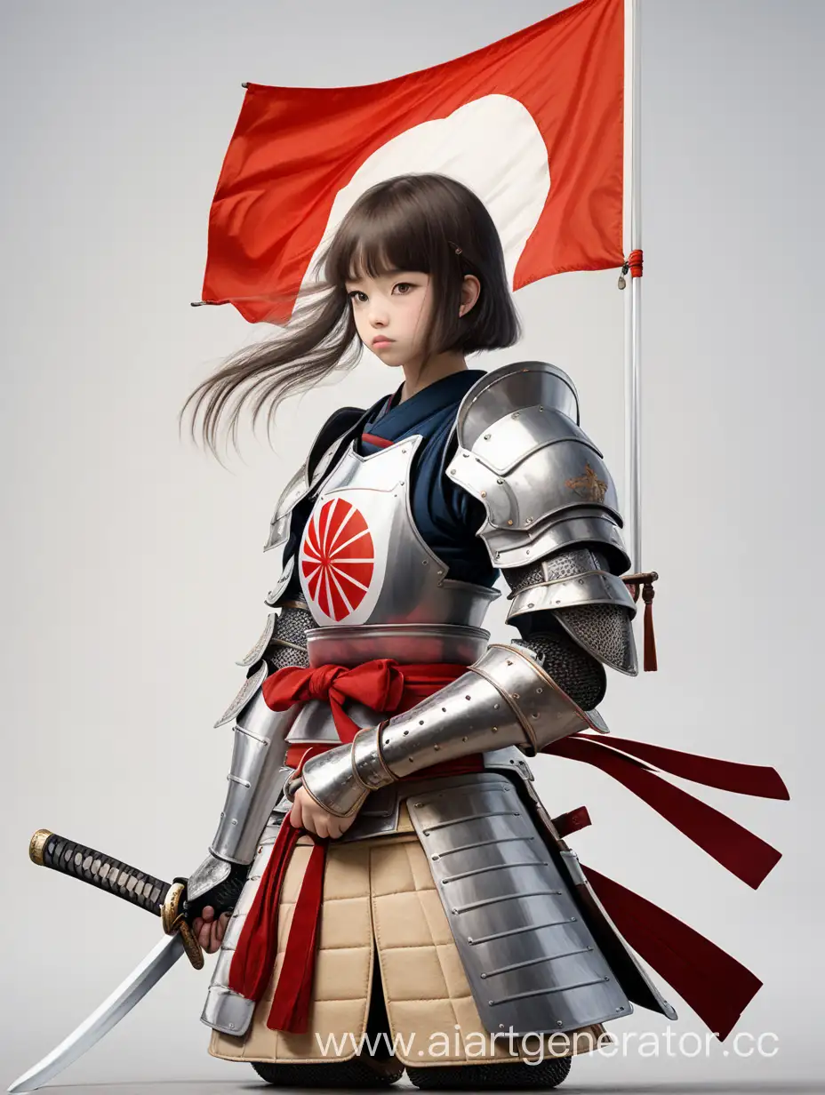 girl in knight's armor, a katana in her right hand, a Japanese flag in her left