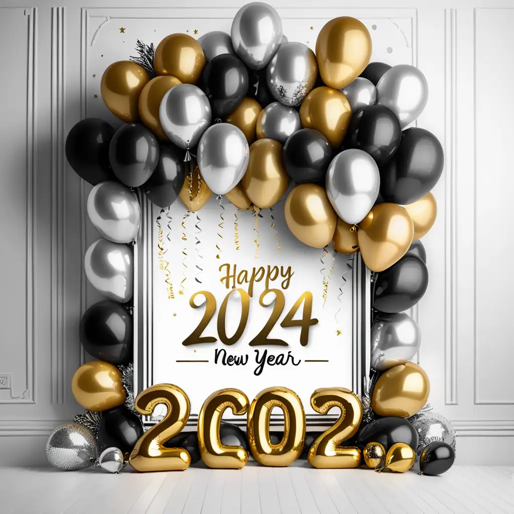Create an mystical image of a background wall with Happy New Year 2024, with black, gold and silver baloons around it with gold and silver trim sign spelling Wishing you a Happy New Year 2024 at the bottom of the white wall sign 