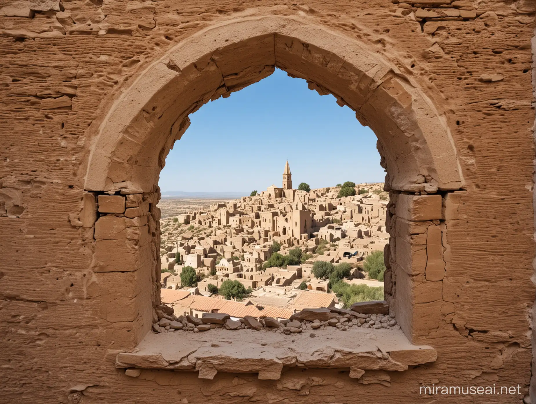 Looking out through a  Medeavil period church window set into a  cracked wall around smooth rendered finish but heavily cracked 