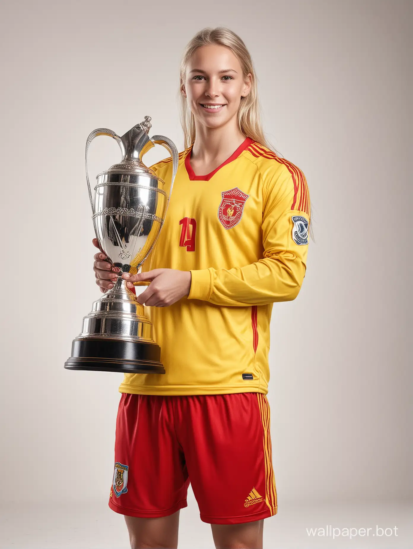 soccer player in bright red and yellow uniform holding a trophy blond Dane photo high resolution unique detail masterpiece white background studio photo
