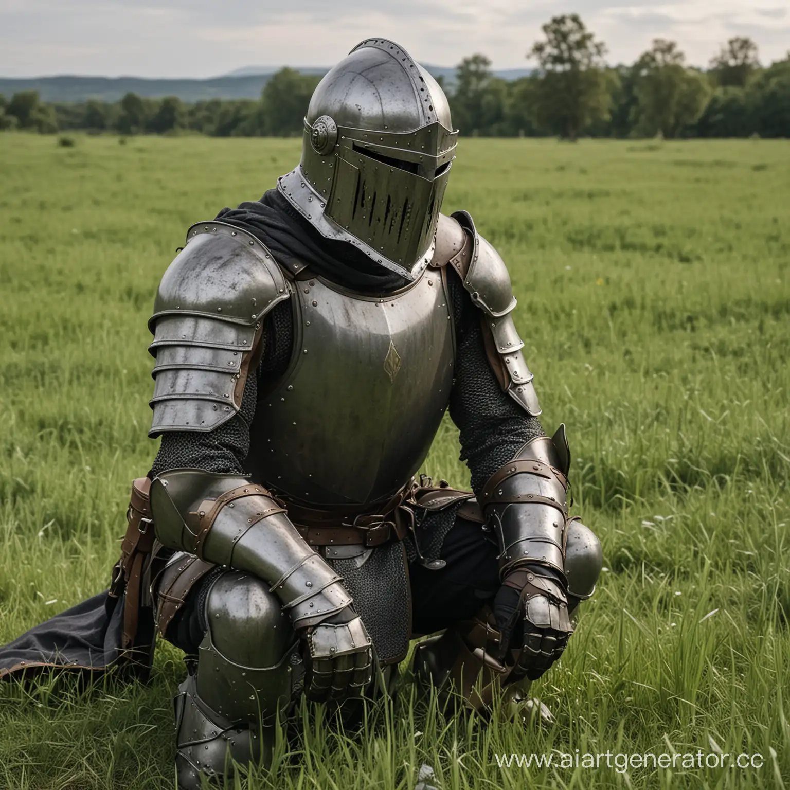 Tired-Knight-in-Dark-Plate-Armor-Bowing-on-a-Green-Grassy-Field