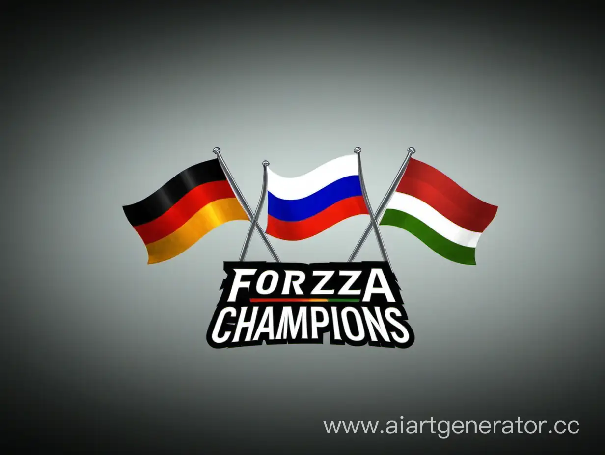 Три флага в центре Россия, справа Германия, слева Ирландия, внизу заголовок Forza Champions, ниже ORWsotik